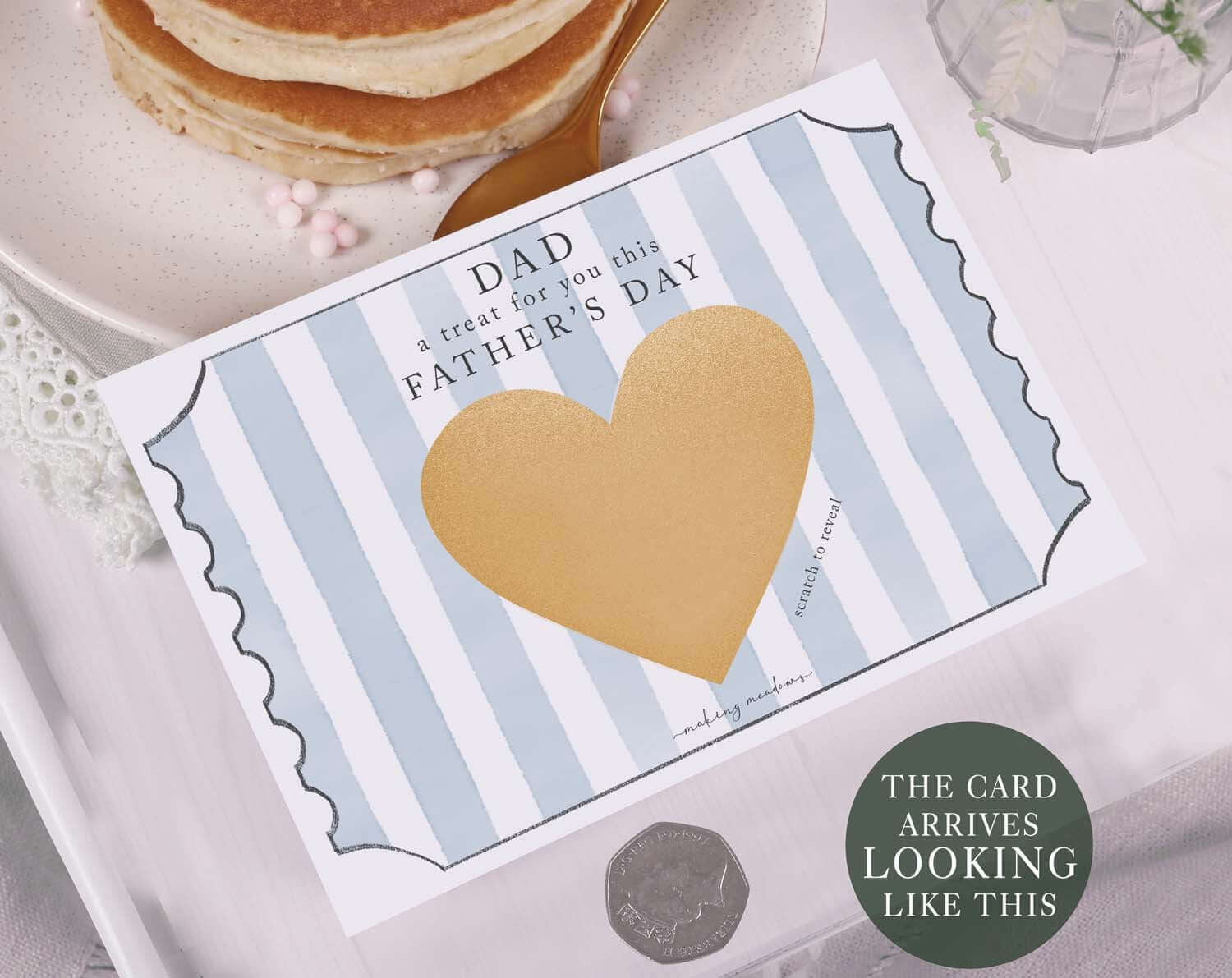 Blue Stripe Scratch To Reveal Card For Dad with gold heart scratch area, perfect for Father's Day surprise.