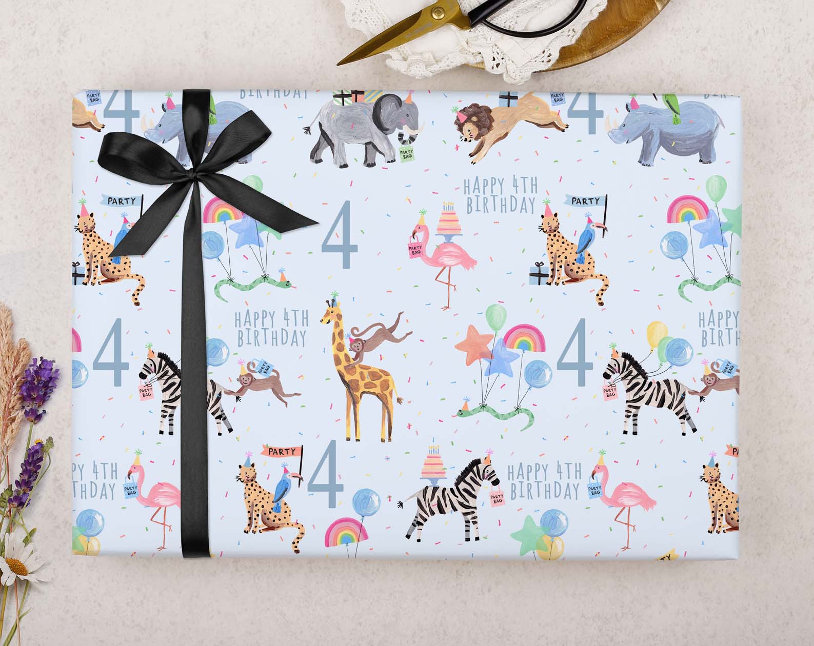 Blue Safari Animal 4th Birthday Wrapping Paper