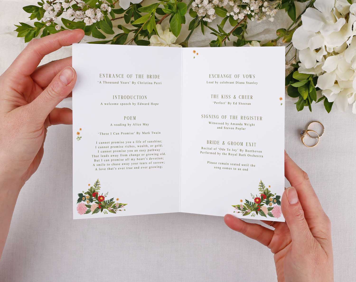 Boho Order Of Service for wedding ceremony, beautifully designed with floral accents, guiding guests through key events.
