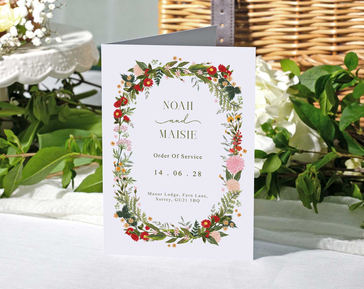 Boho Order Of Service for wedding ceremony featuring floral design, name, date, and location details.
