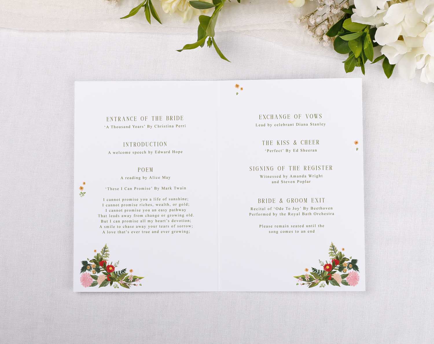 Boho Order Of Service for wedding ceremony with floral design and order of events on display.