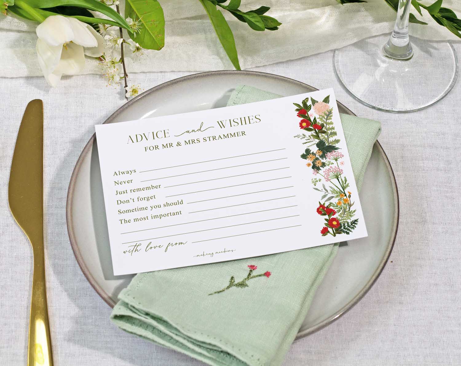 Boho Wedding Advice Cards on a dinner plate with a napkin, featuring space for guest messages and well wishes.