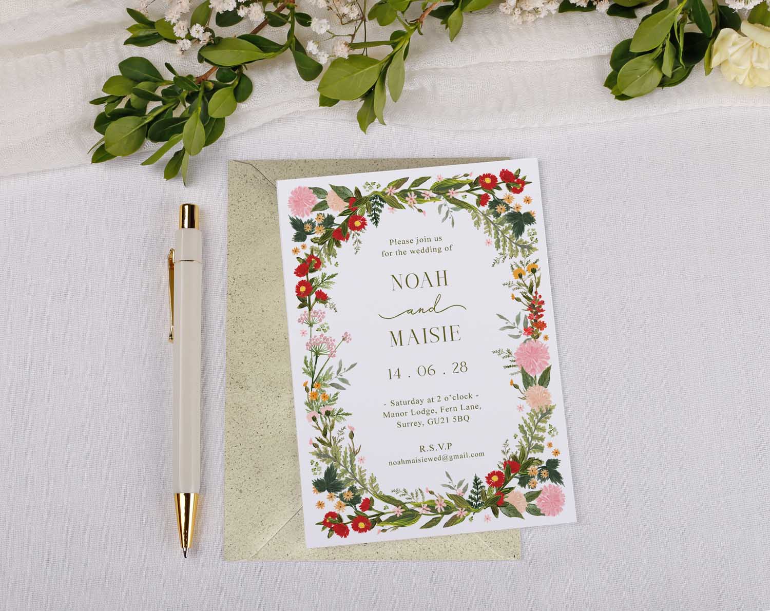 Boho Wedding Invitations Personalised featuring floral design, green envelope, and elegant typography.