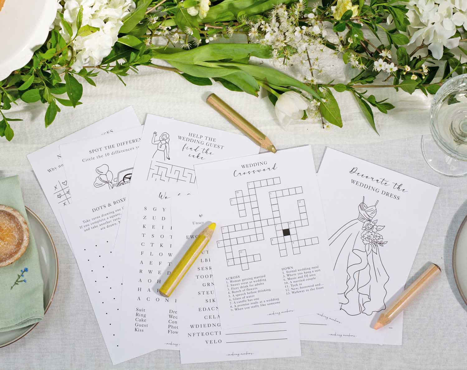 Inside pages of Wedding Kids Activity Pack featuring fun pages of games, puzzles, and coloring for wedding guests.