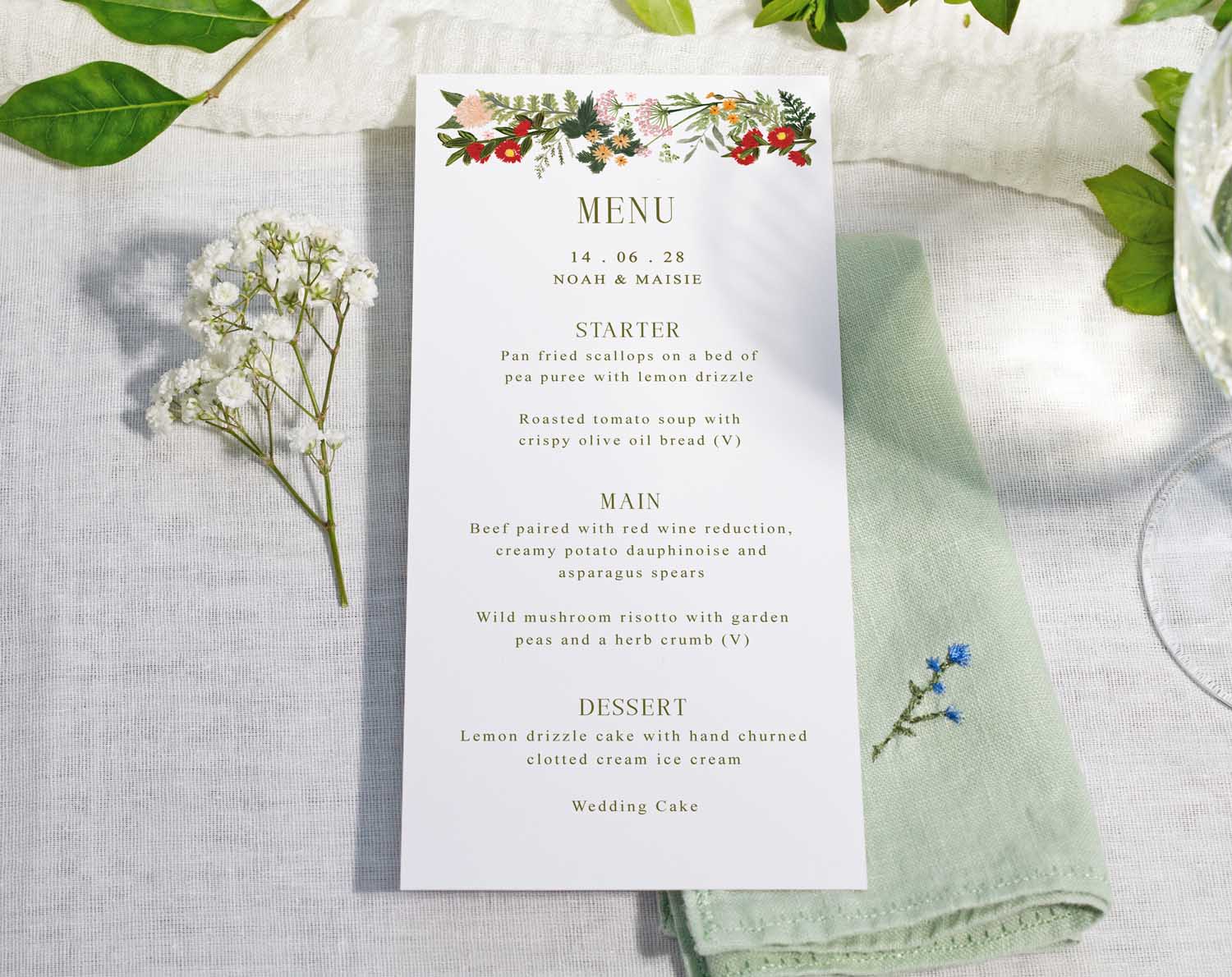 Boho Wedding Menus featuring a personalised menu design with floral accents for a wedding table setting.
