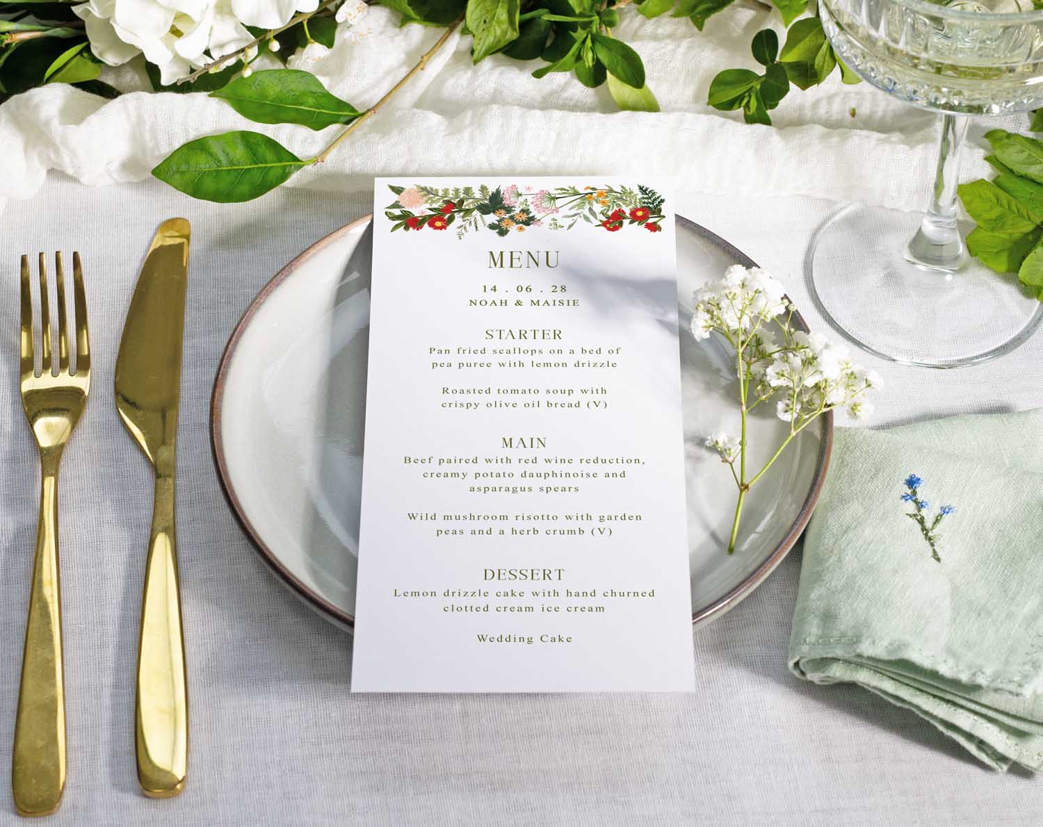 Boho Wedding Menus displayed on a beautifully set table with elegant accessories and floral decor.