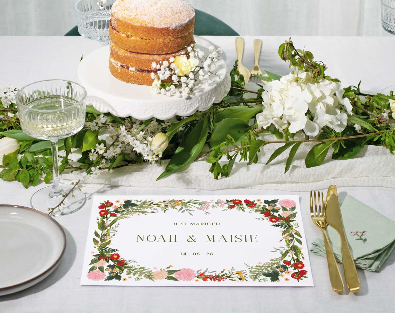 Boho Wedding Placemats on elegantly set table with bold floral design for a wedding celebration.