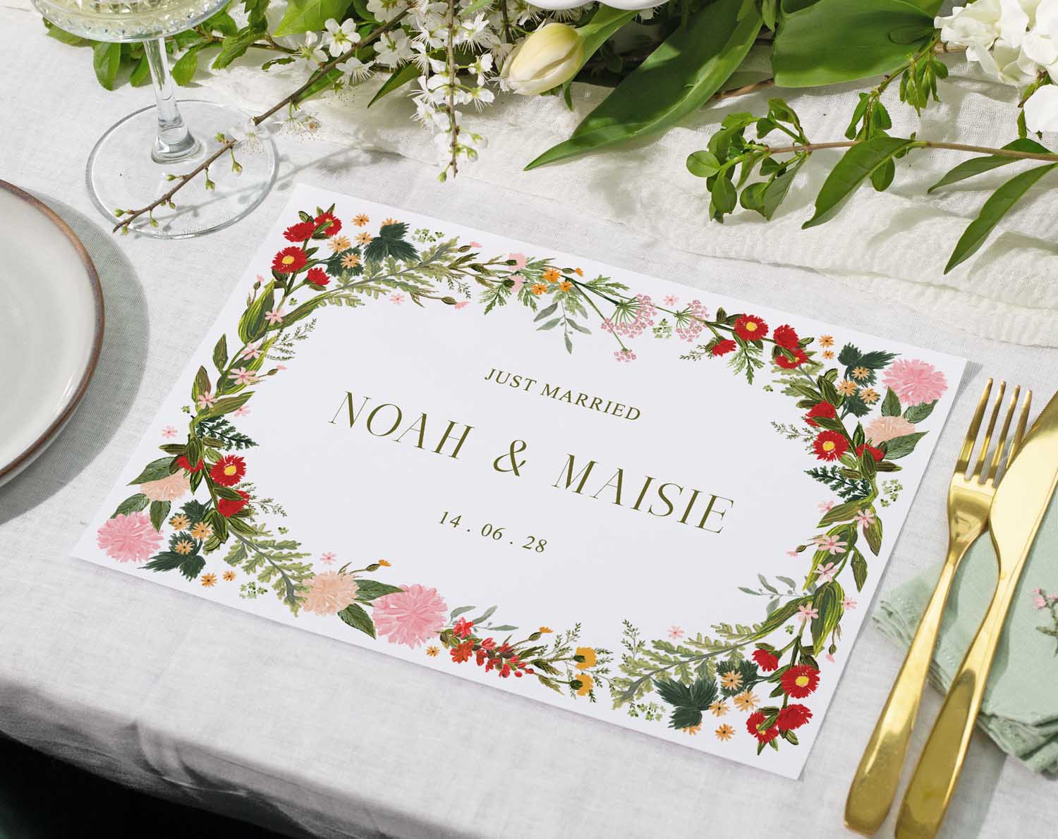 Boho Wedding Placemats featuring floral design for table settings with names, perfect for weddings.