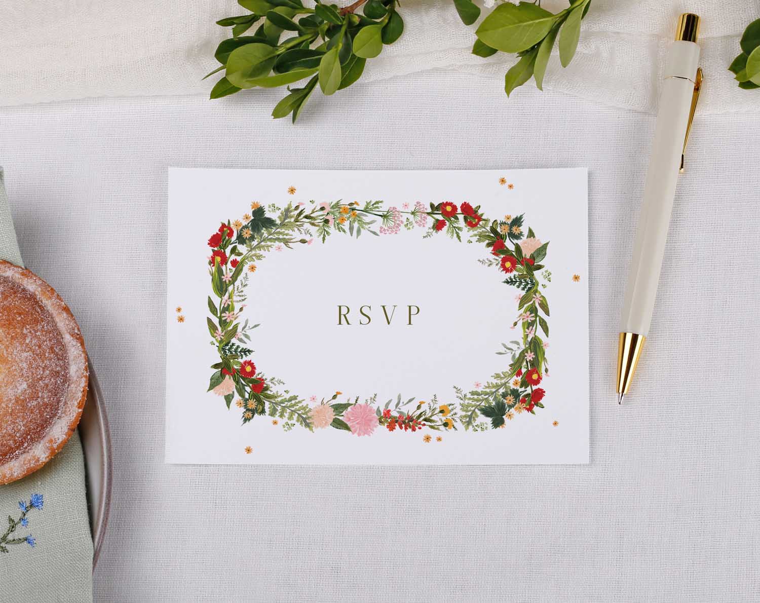 A6 Boho Wedding RSVP Cards featuring floral design in pinks and reds with gold lettering on a light background.
