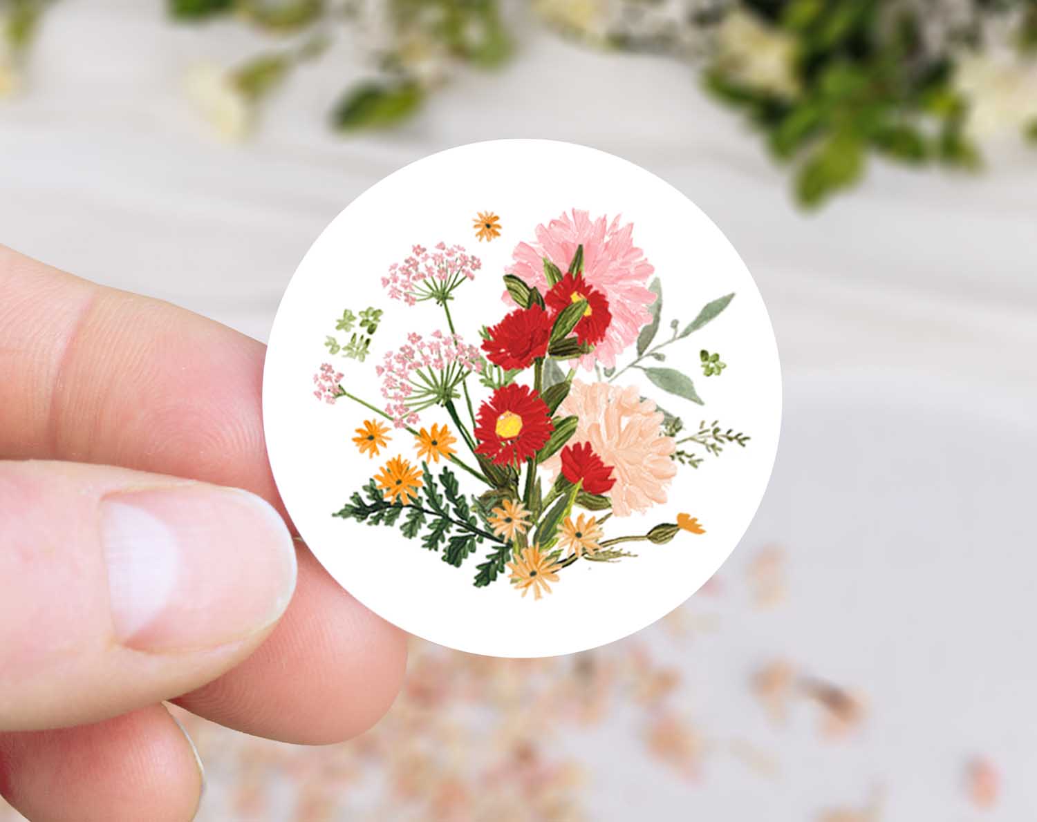 Boho Wedding Stickers featuring colorful florals in hand, ideal for envelope seals and wedding stationery.