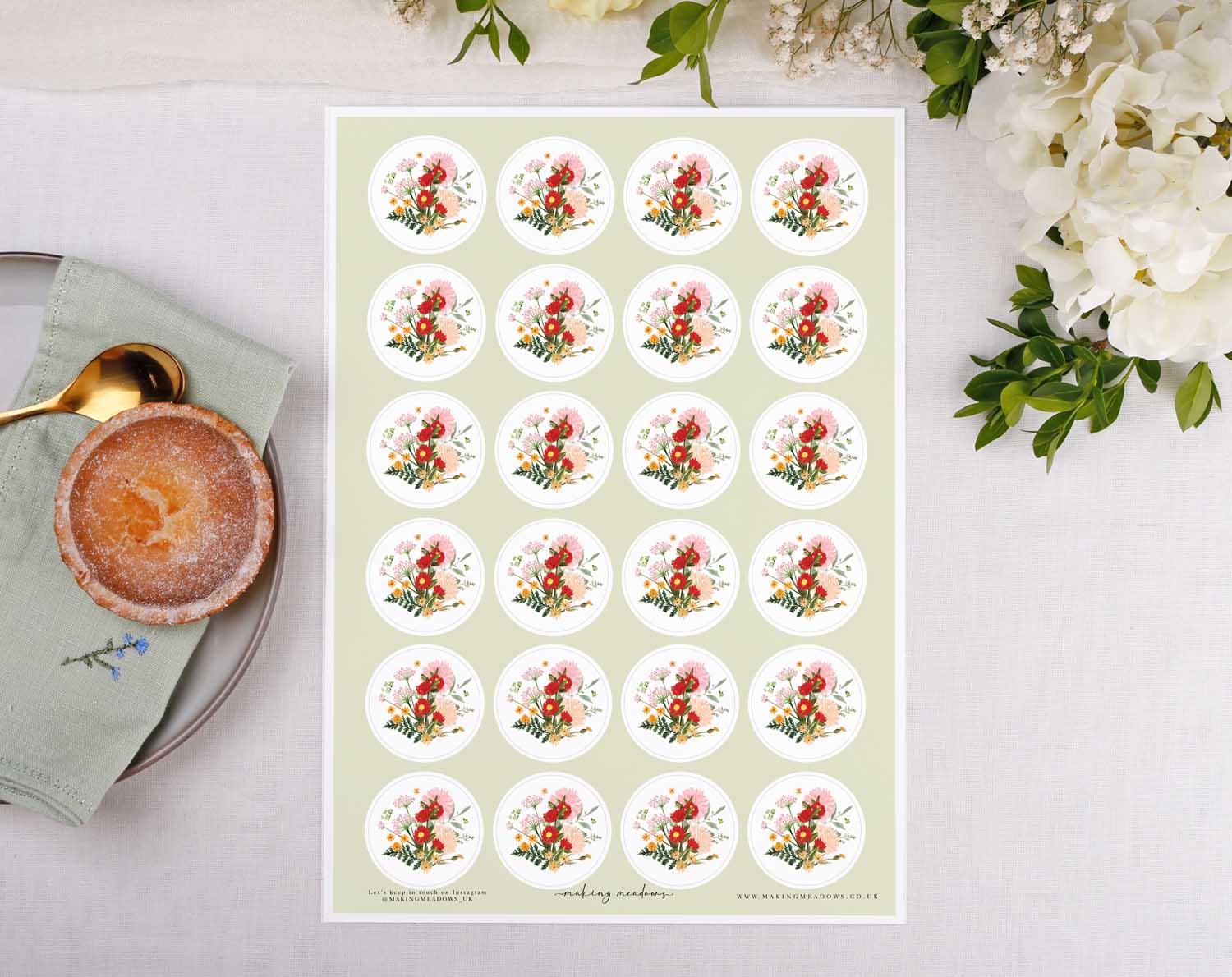 Boho Wedding Stickers for envelope seals featuring vibrant floral designs on a soft green background.