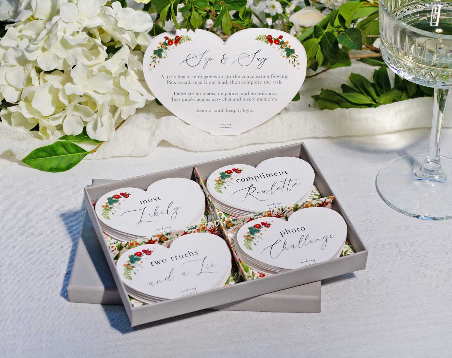 Boho Wedding Table Game set featuring icebreaker cards for reception tables.