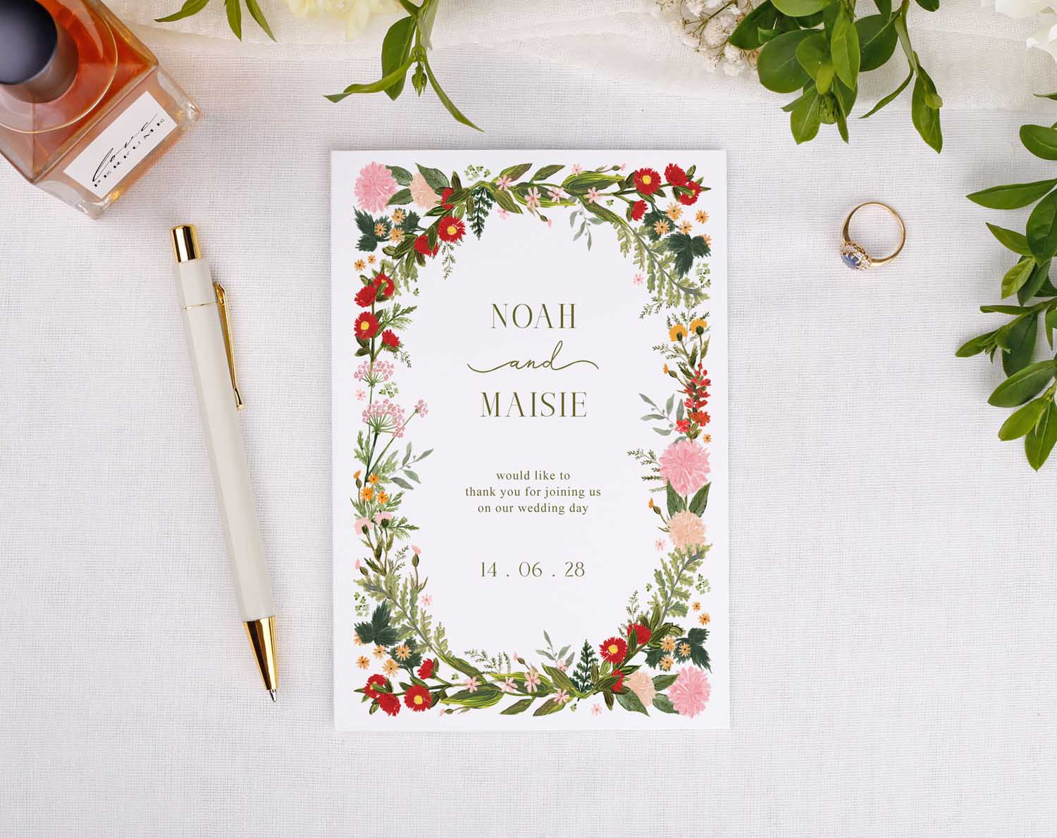 Boho Wedding Thank You Cards with floral design and text, perfect for post-wedding gratitude.