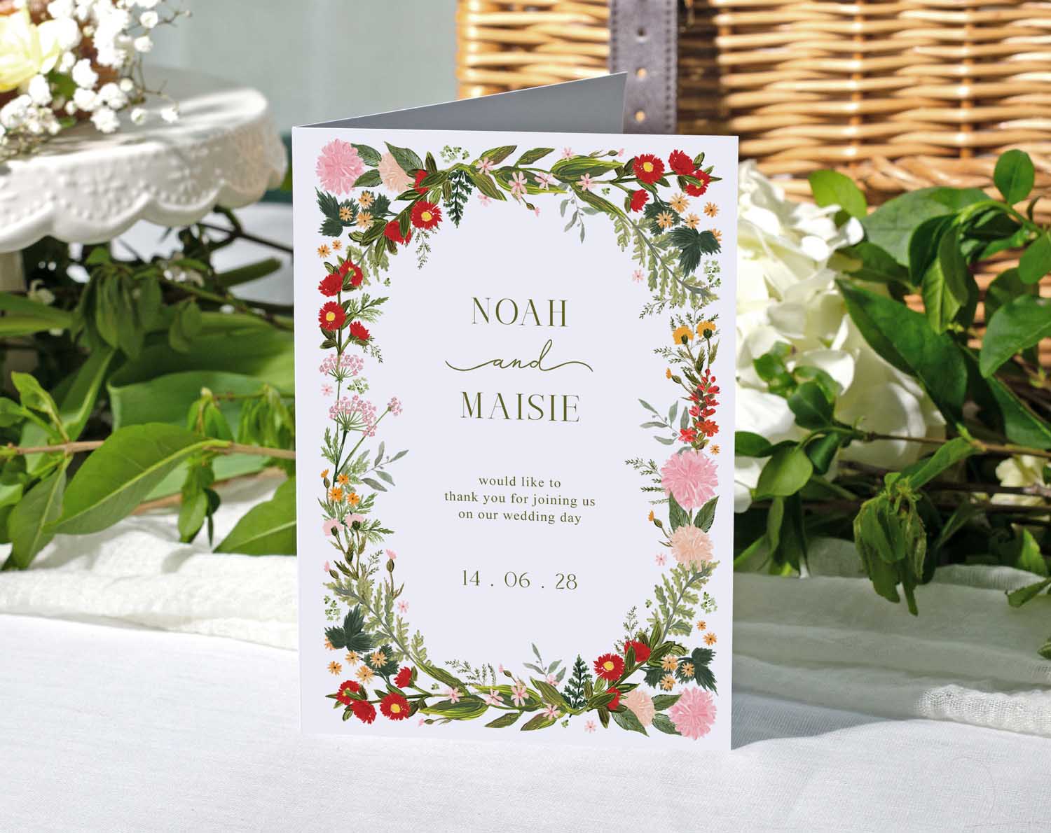 Boho Wedding Thank You Cards featuring floral design with names Noah and Maisie for a wedding thank you message.