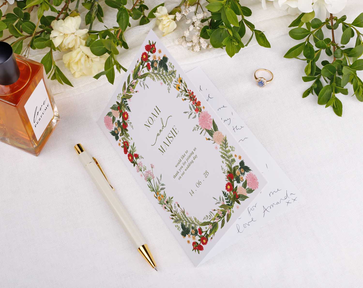 Boho Wedding Thank You Cards featuring elegant floral design with personal handwritten message and decorative elements.