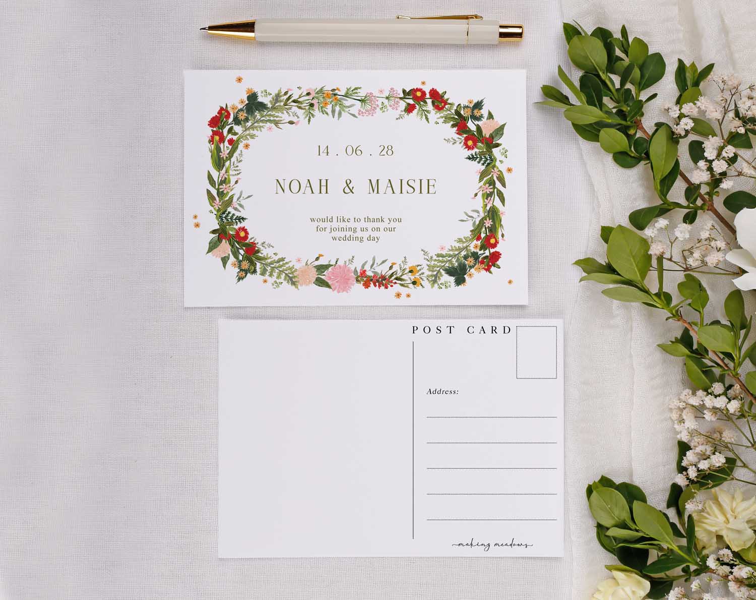 Boho Wedding Thank You Postcards featuring floral design with space for personalized message and recipient address.