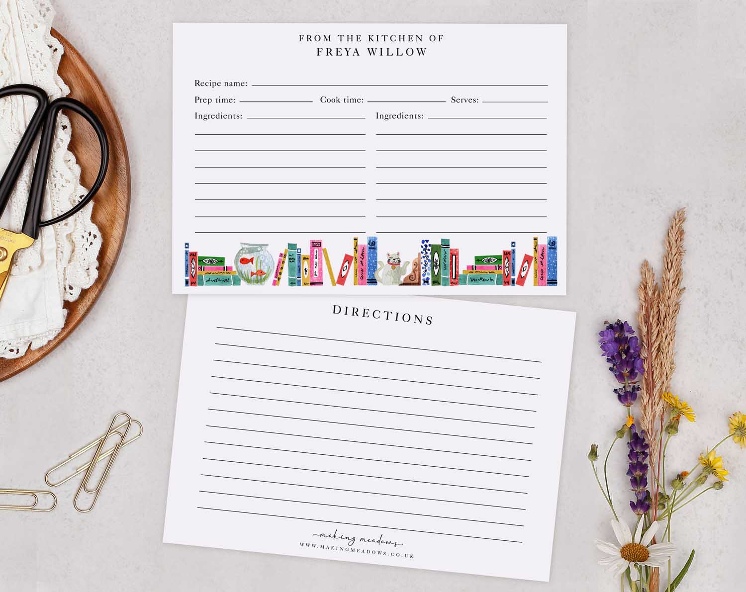 Book Shelf Recipe Cards with hand-painted shelf design, featuring spaces for recipe details and directions.