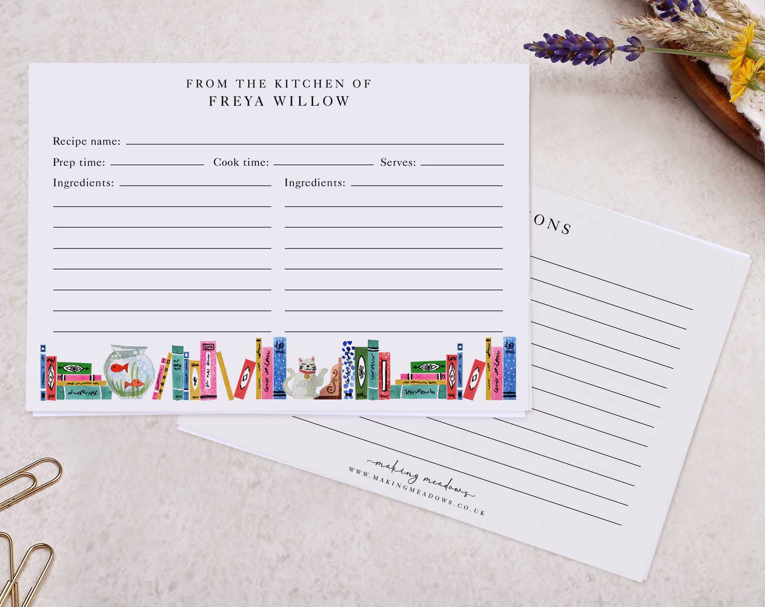 Book Shelf Recipe Cards featuring a charming kitchen library design and space for recipe details.