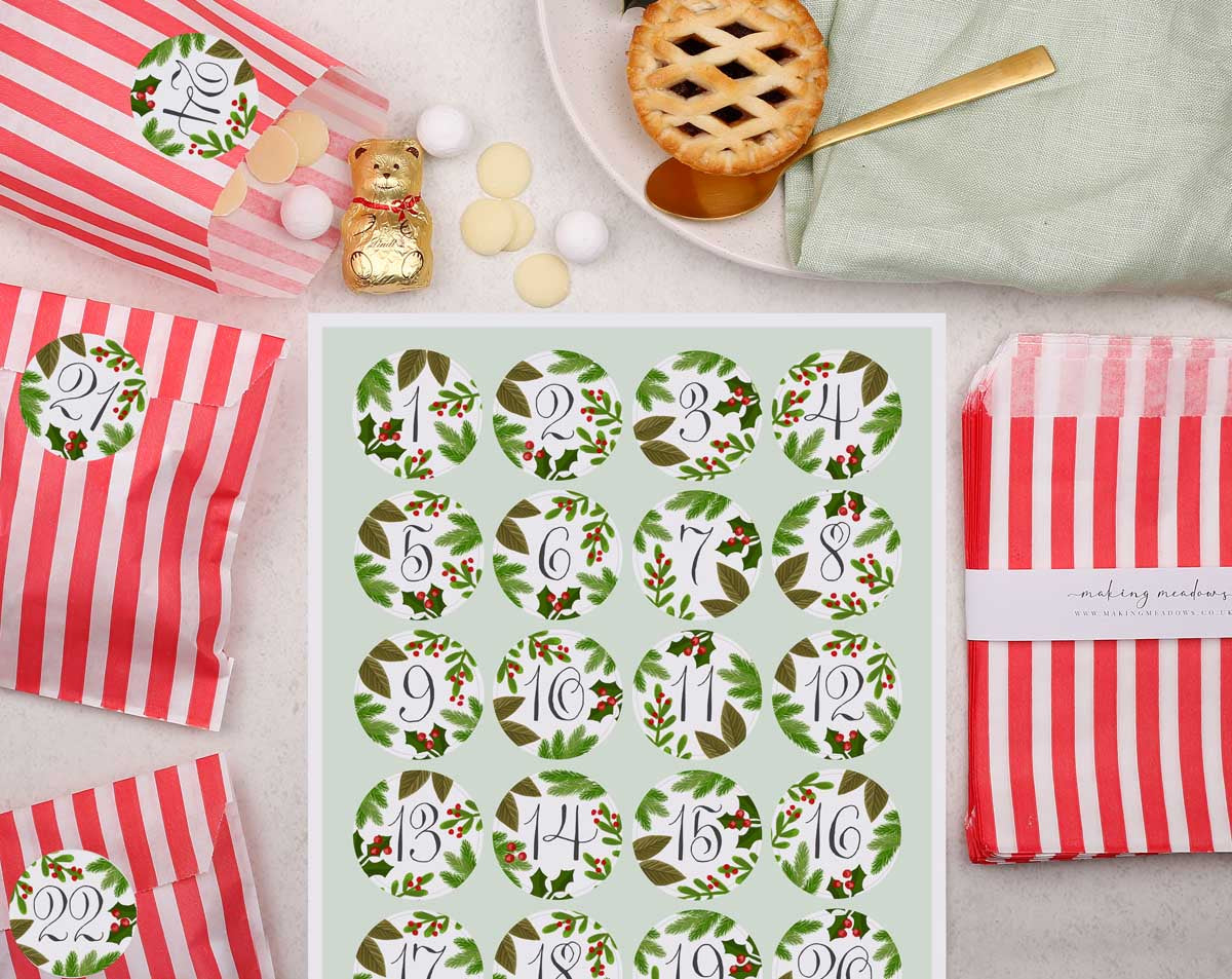 Botanical Christmas Advent Calendar With Red Bags. Advent Calendars designed by Making Meadows