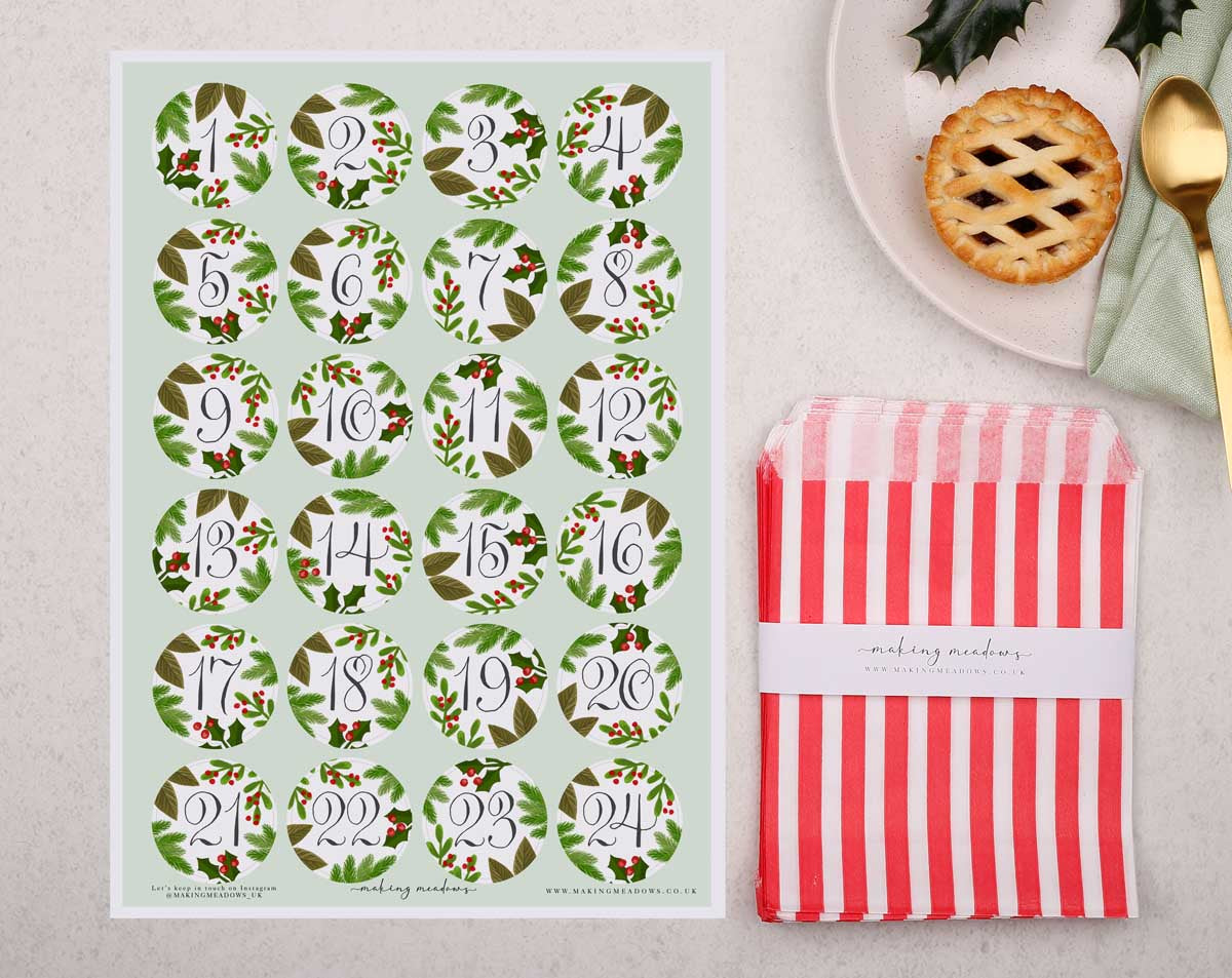 Botanical Christmas Advent Calendar With Red Bags. Advent Calendars designed by Making Meadows