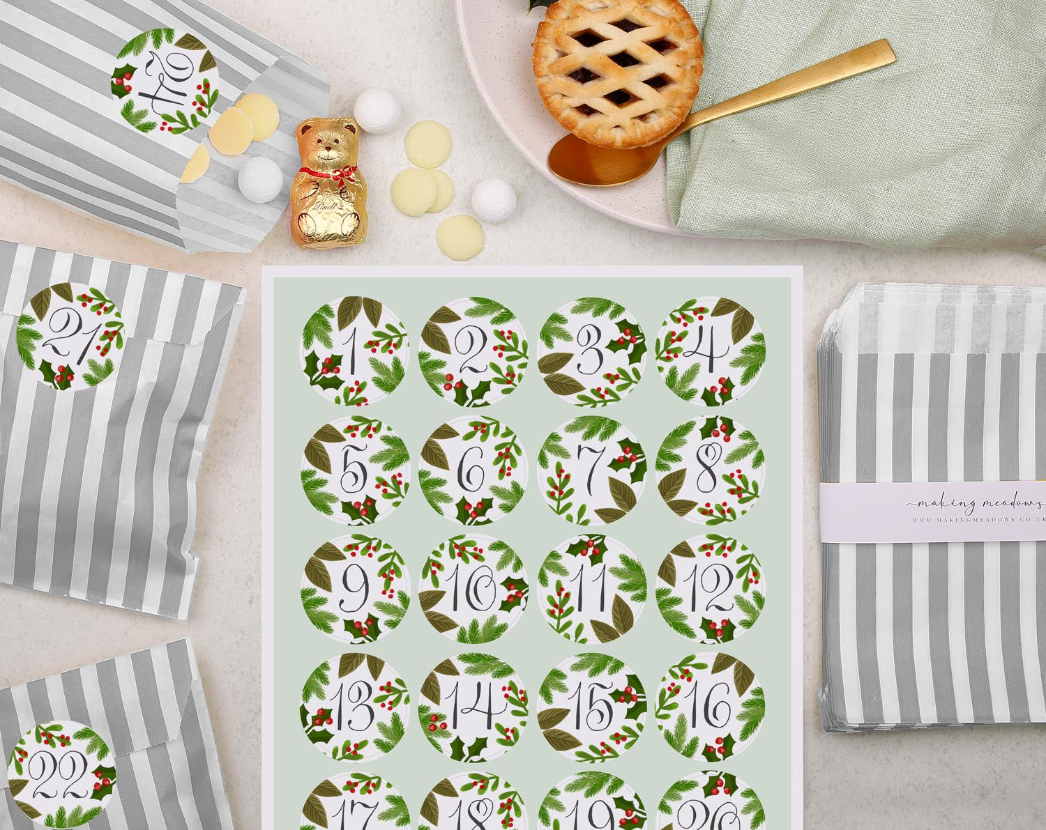 Botanical Christmas Advent Calendar With Silver Bags. Advent Calendars designed by Making Meadows