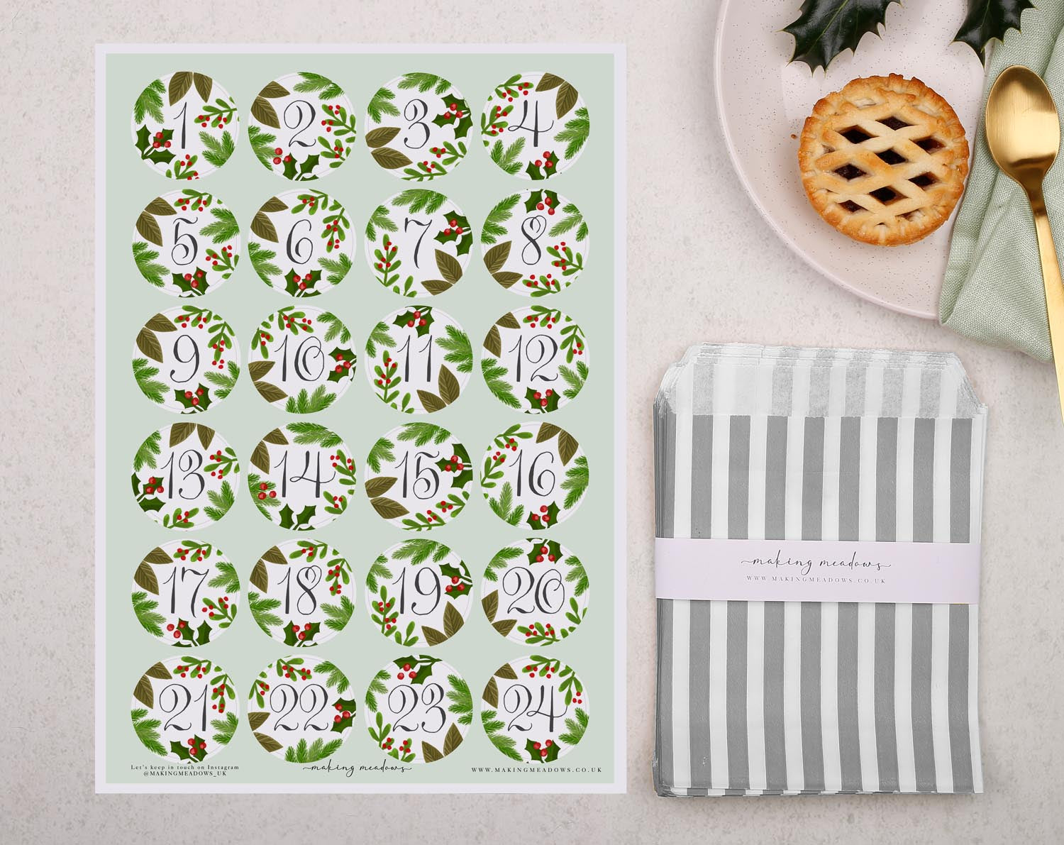 Botanical Christmas Advent Calendar With Silver Bags. Advent Calendars designed by Making Meadows