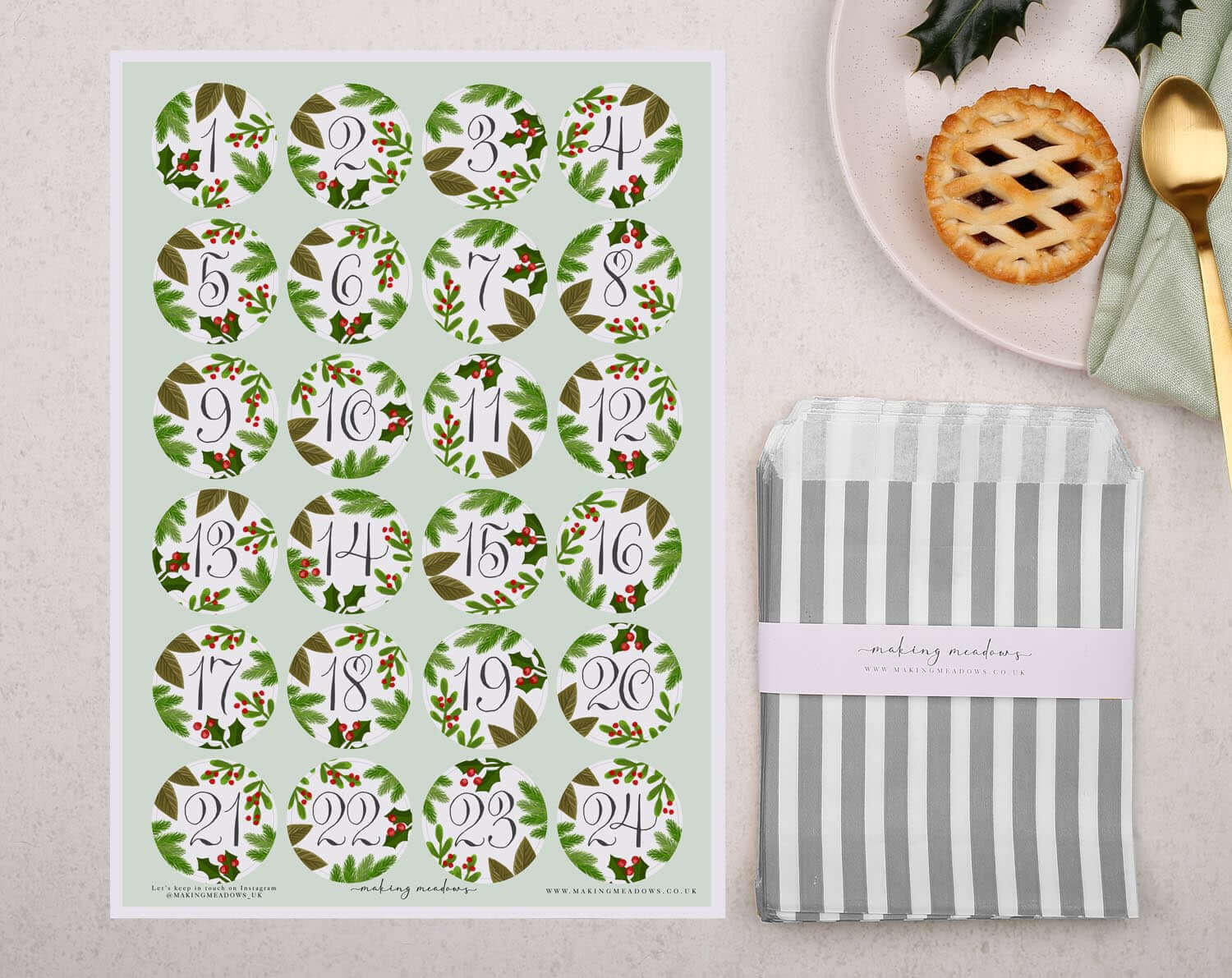 Botanical Christmas Advent Calendar With Silver Bags. Advent Calendars designed by Making Meadows