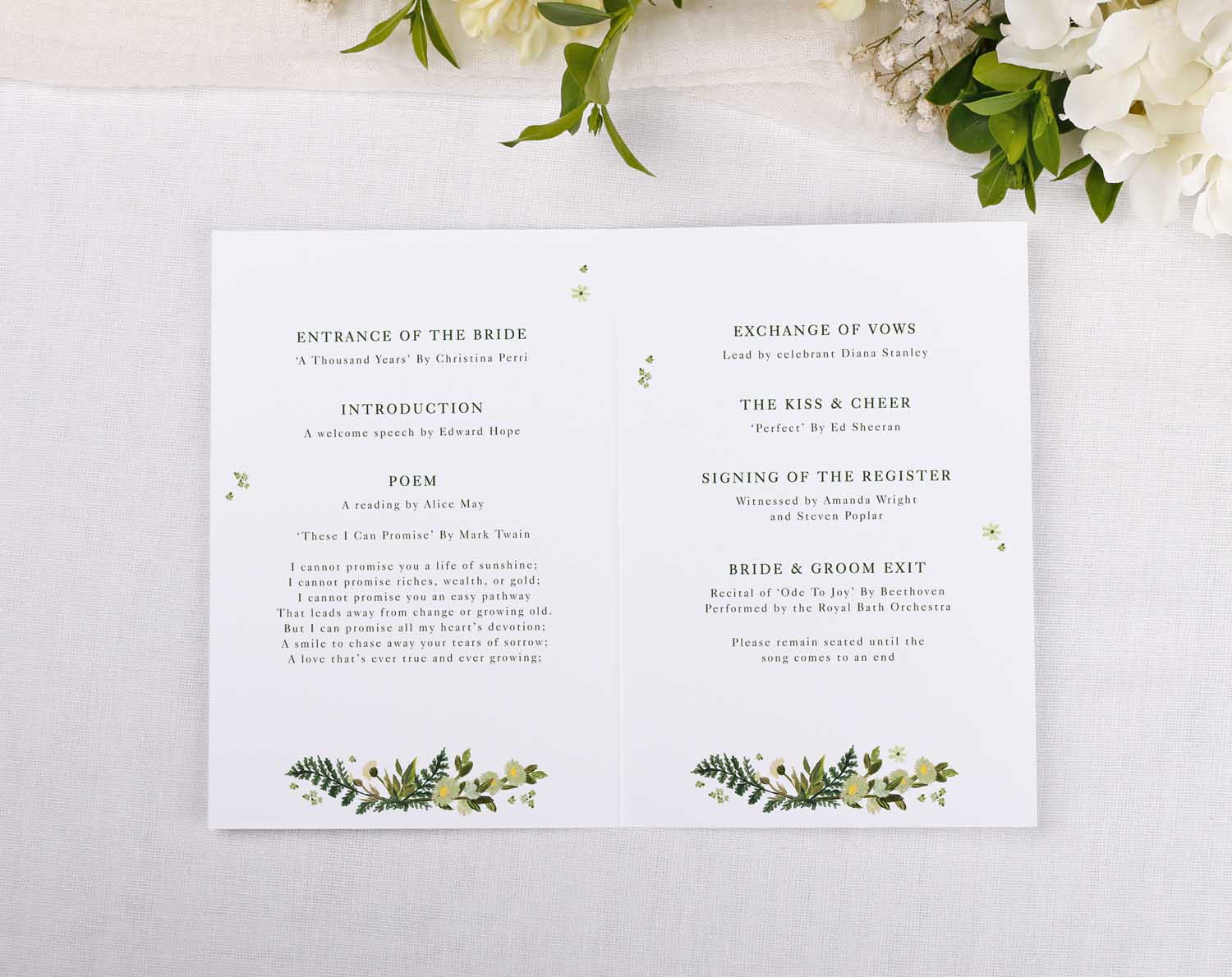 Botanical Order Of Service for wedding ceremony featuring leafy greenery and floral details in a beautiful booklet design.