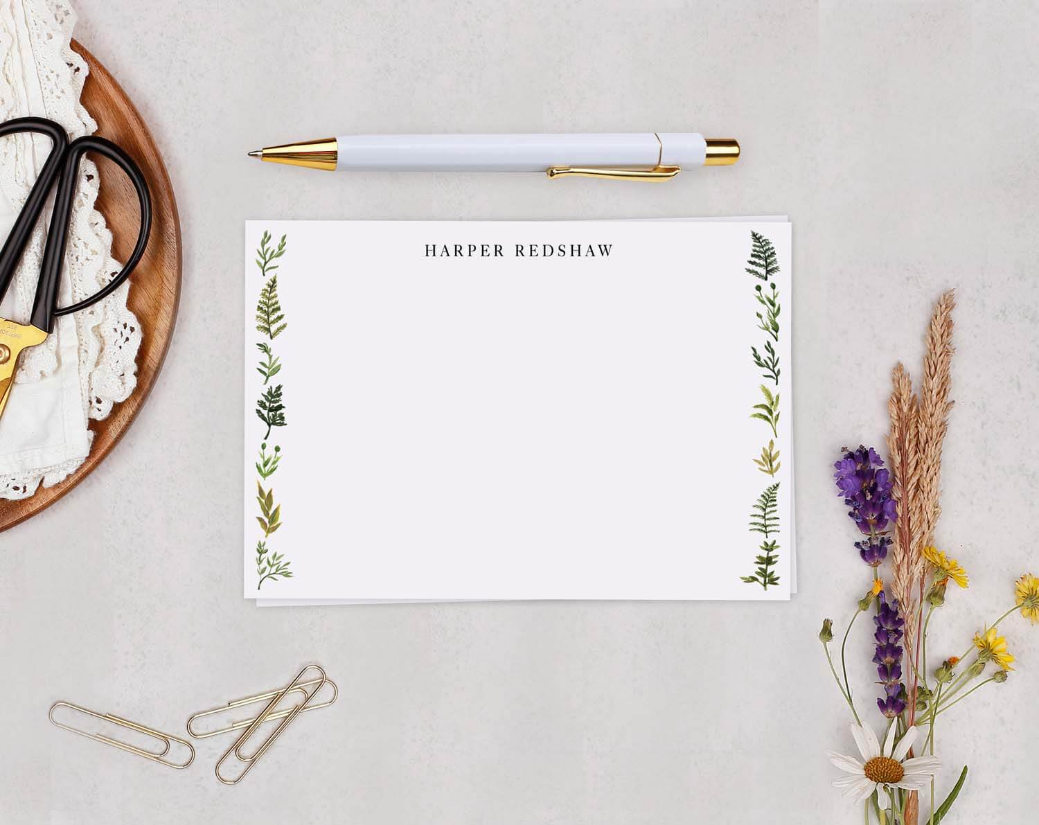 Botanical Personalised Note cards displayed with elegant botanical illustrations and a personalized name.