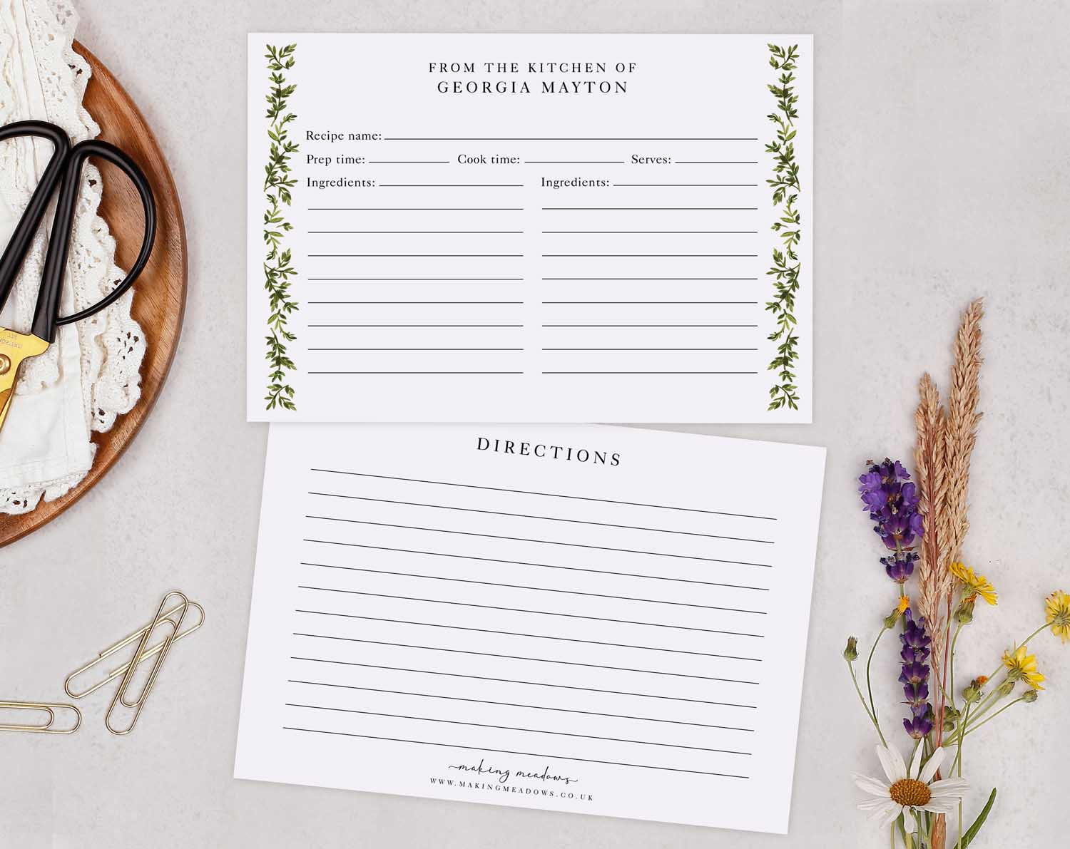 Botanical Recipe Cards featuring elegant botanical details for organized recipe notes.