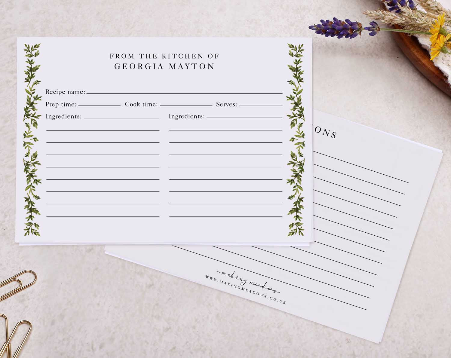 Botanical Recipe Cards with elegant botanical designs for organizing recipes.