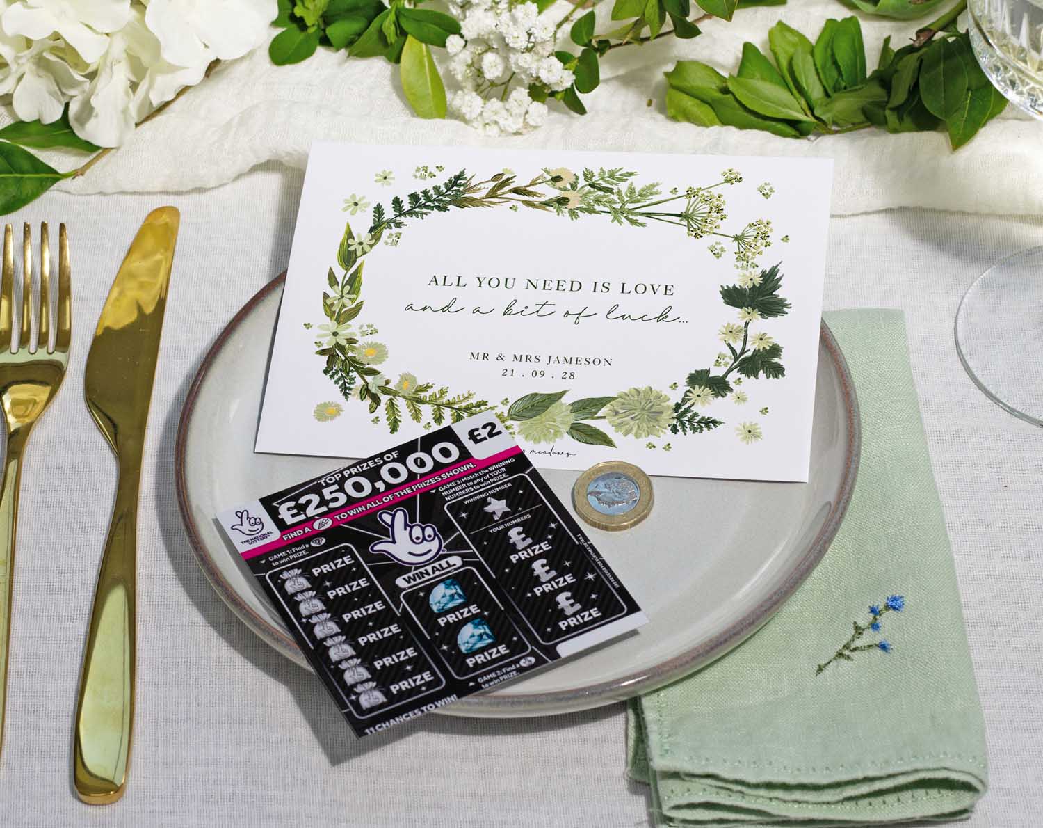 Botanical Scratch Card Envelopes For Wedding Favour displayed on a dinner plate with scratch card and elegant table setting