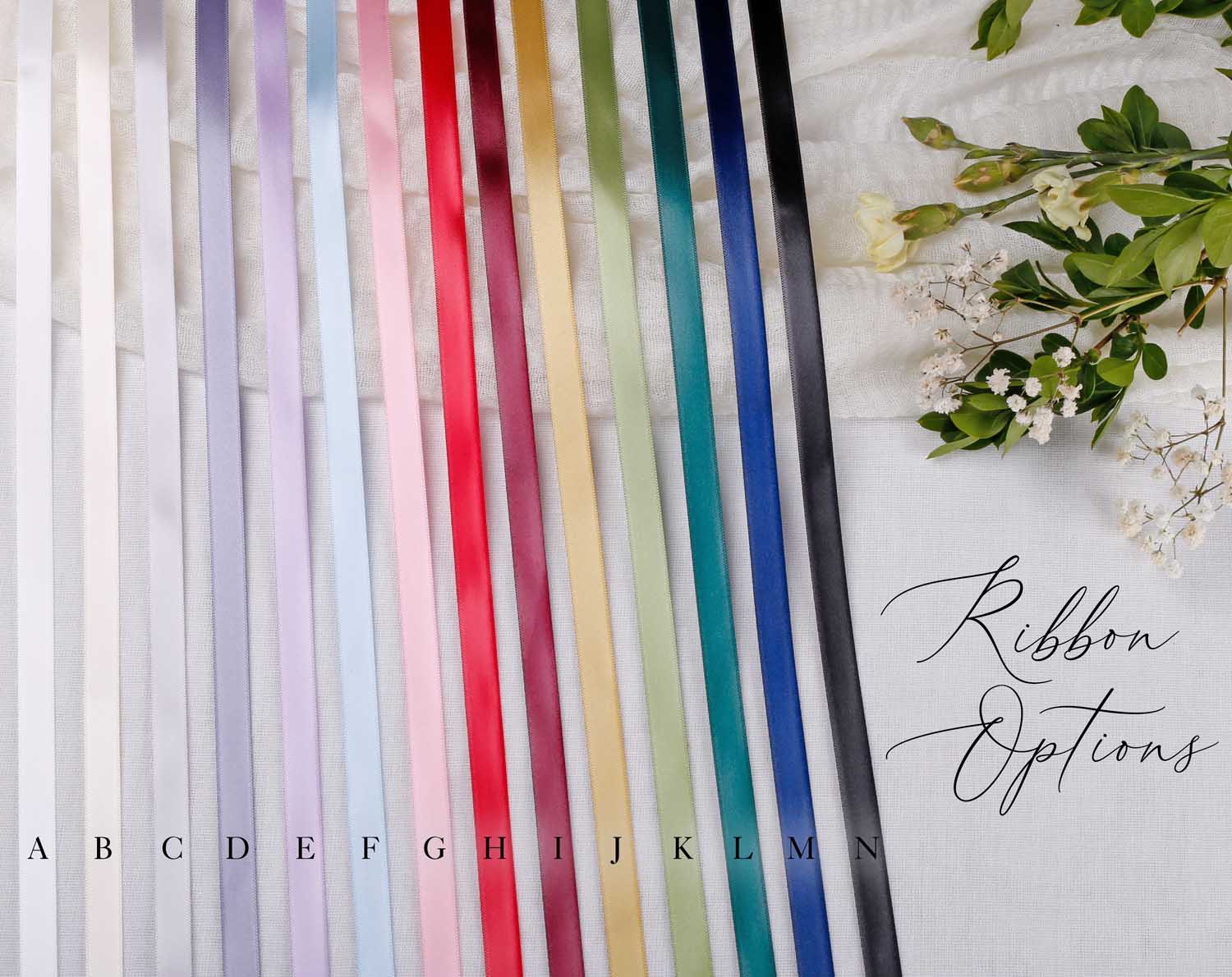 Wedding Hanger Tags ribbon options featuring a variety of colours and textures for personalised details.