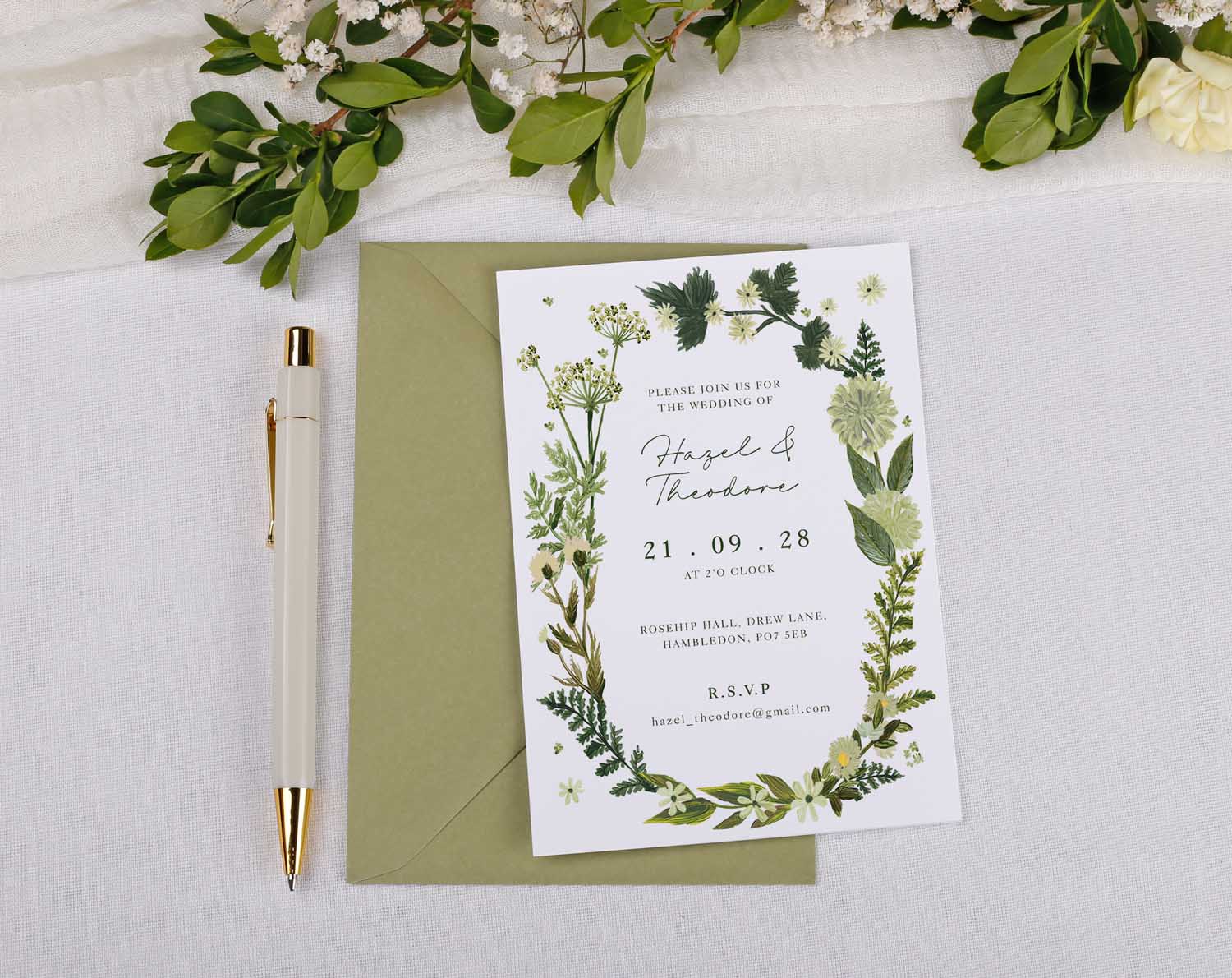 Botanical Wedding Invitations featuring a personalised greenery design with elegant text and matching envelope.