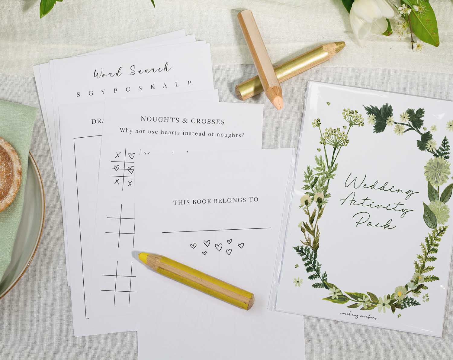 Botanical Wedding Kids Activity Pack featuring fun games, puzzles, and coloring pages for children at weddings.