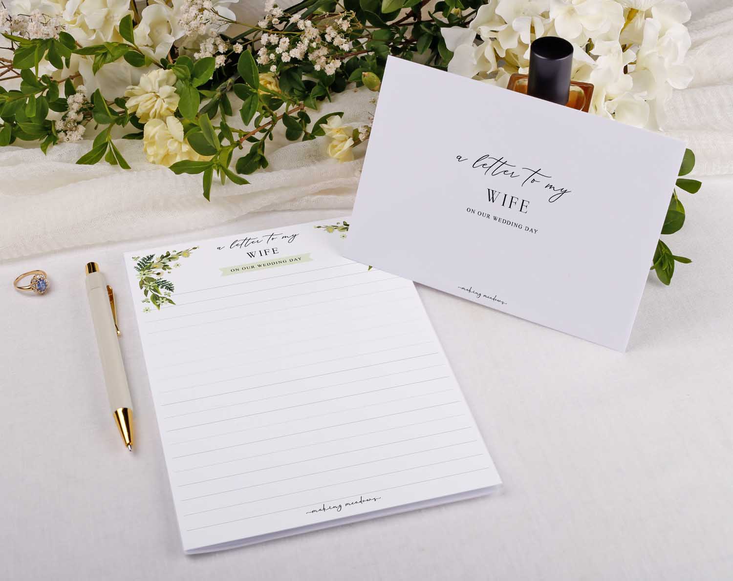 Botanical Wedding Letter to My Wife stationery with floral design and pen for heartfelt wedding messages.