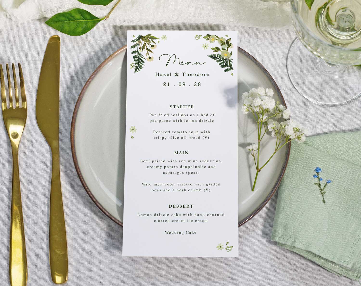 Botanical Wedding Menus featuring a floral design and personalised wedding details.