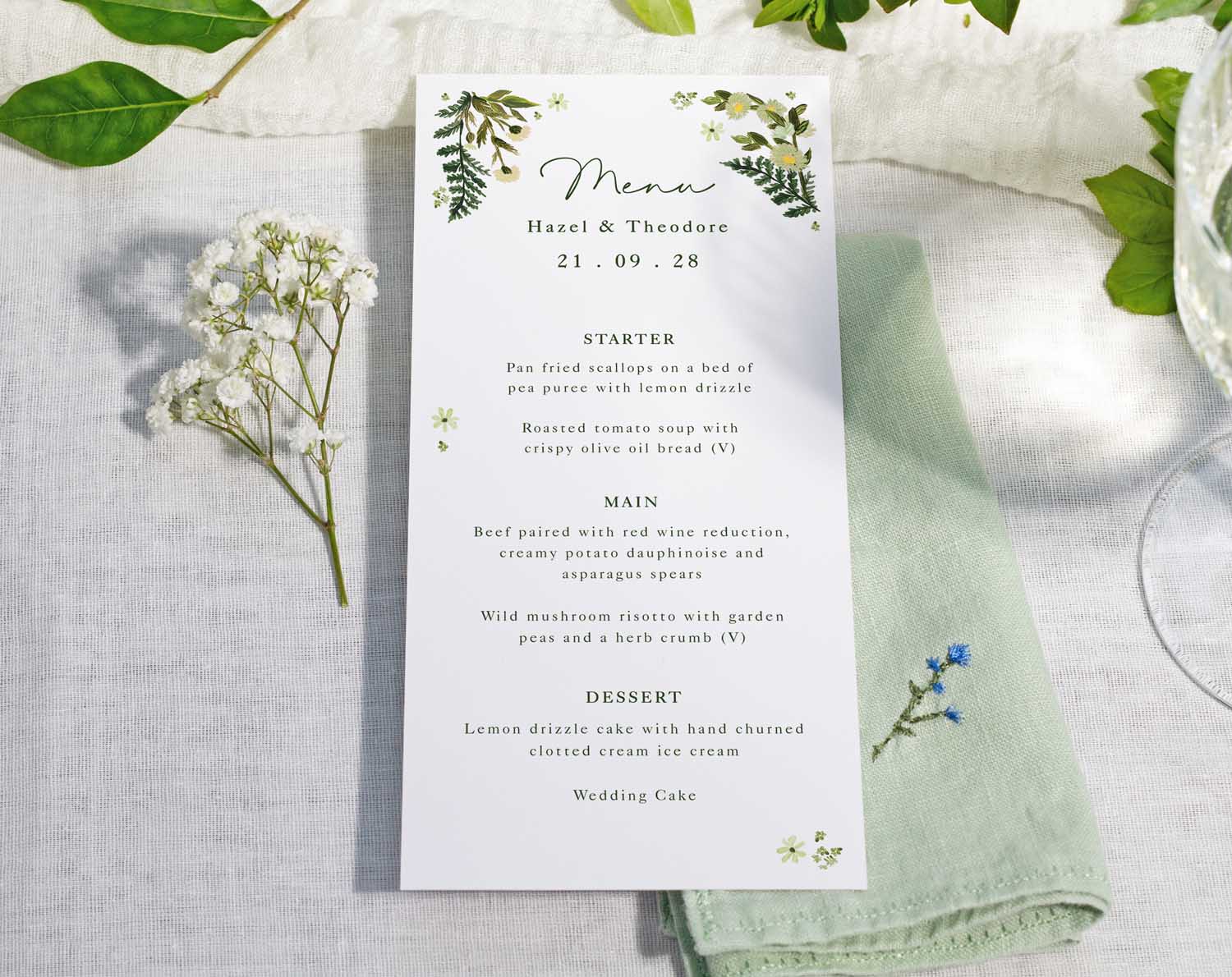 Botanical Wedding Menus with botanical and flower accents, featuring personalised details for guests.