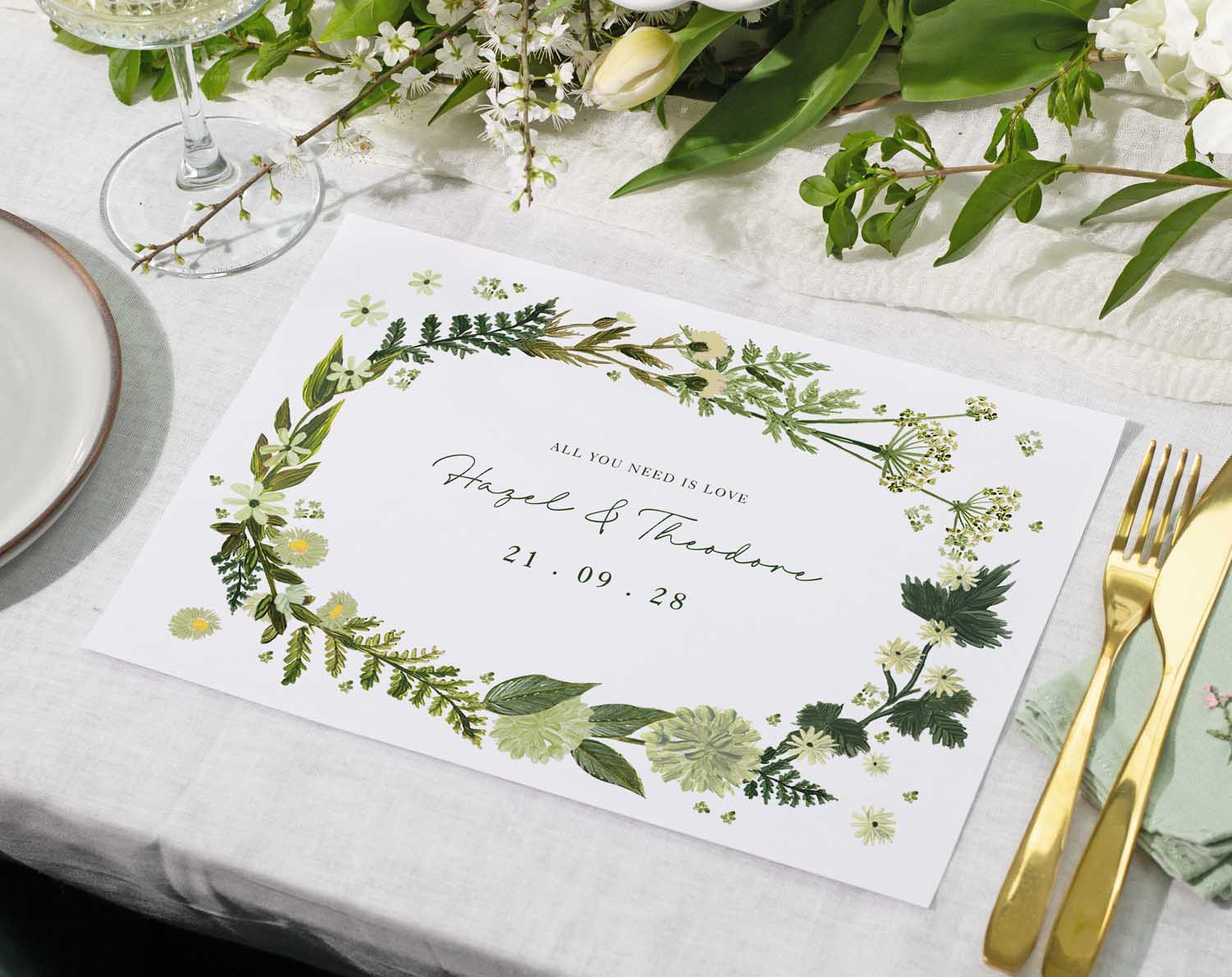 Botanical Wedding Placemats for table with floral design and couple's name for elegant wedding decor