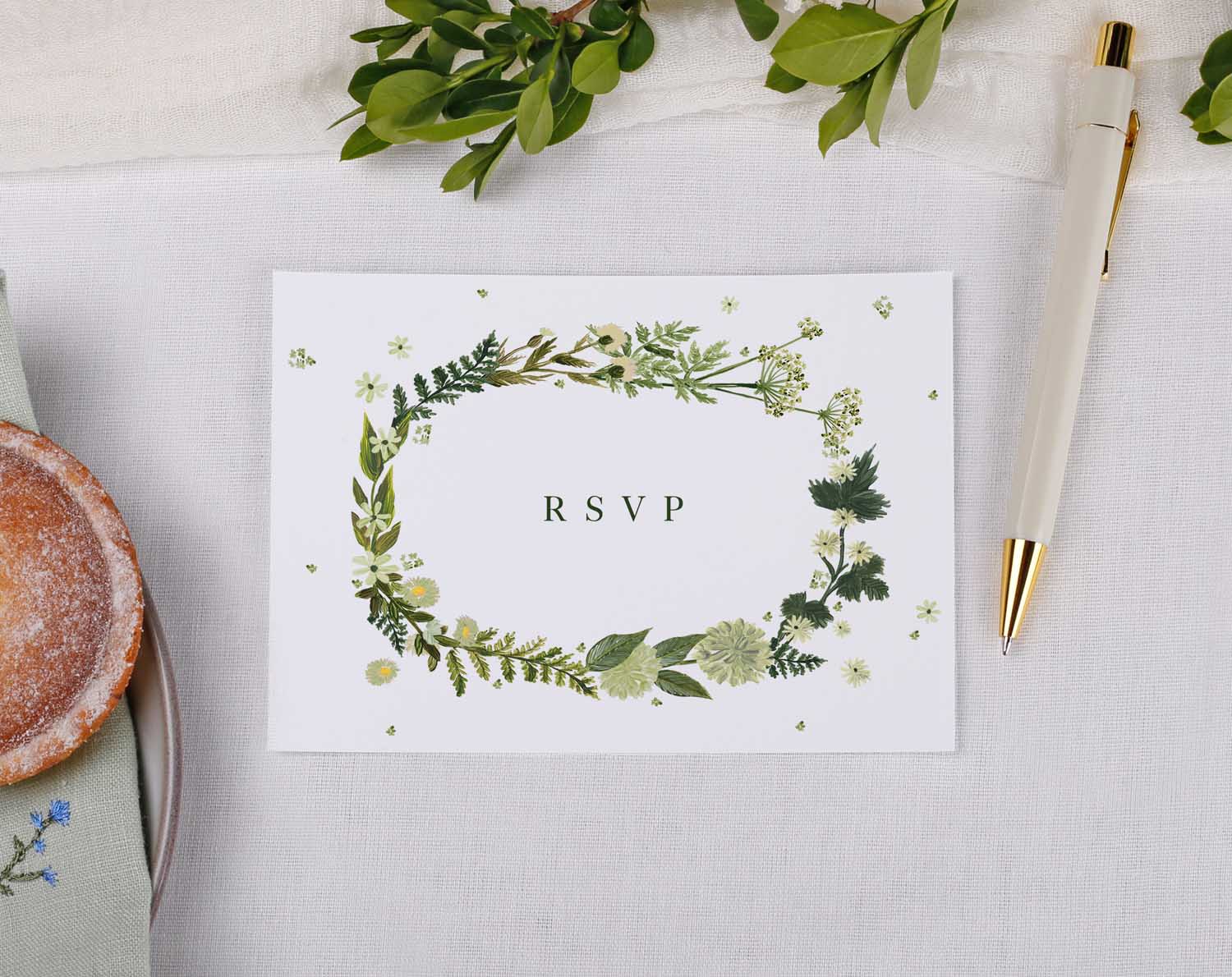 Botanical Wedding RSVP Cards featuring lush greenery and floral details on a white background, perfect for invitations.