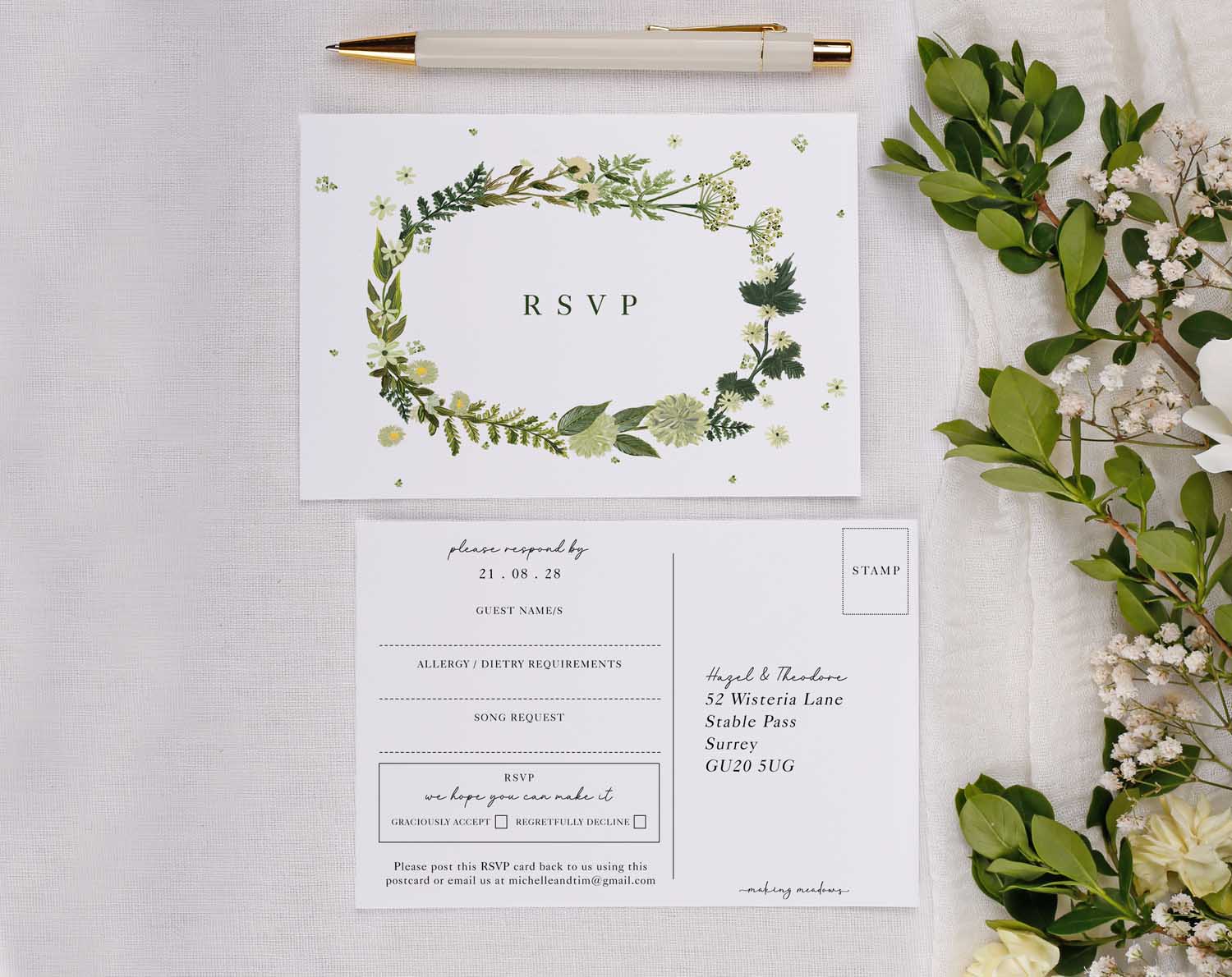 Botanical Wedding RSVP Cards featuring lush greenery, elegant design, and RSVP details for wedding invitations.