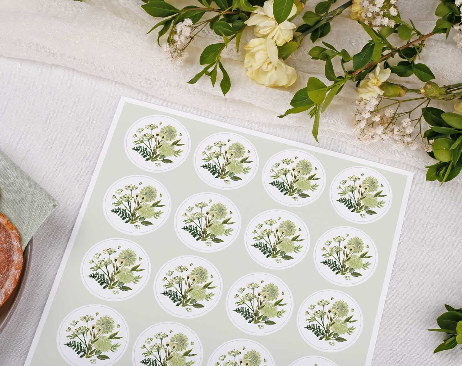 Botanical Wedding Stickers arranged on a floral-themed background, ideal for envelope seals and wedding stationery.