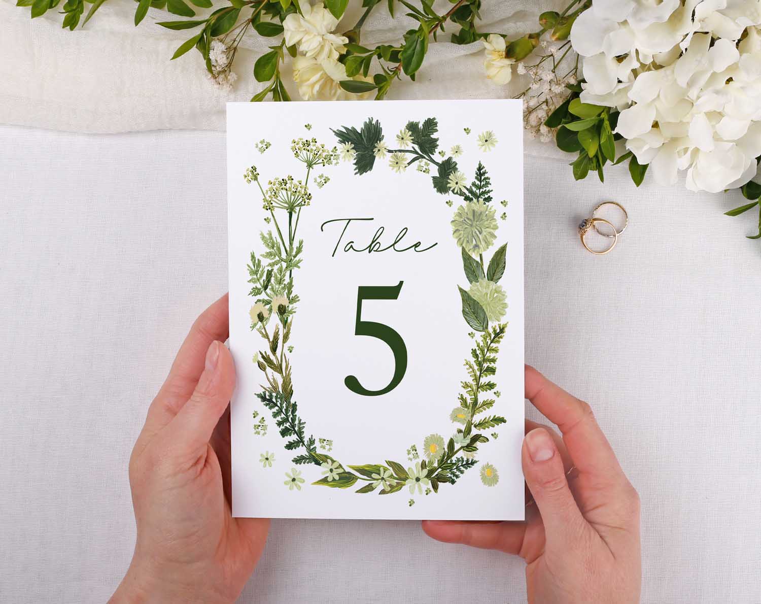 Botanical Wedding Table Numbers featuring a fresh botanical design with greenery and flowers, showing Table 5.