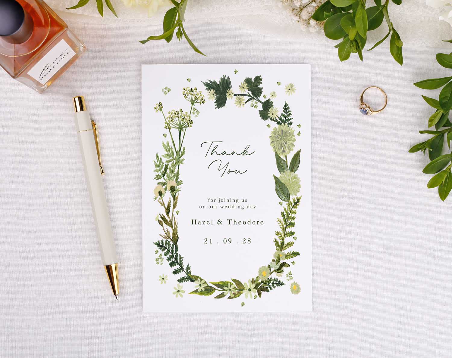 Botanical Wedding Thank You Cards with floral design, thanking guests from Hazel & Theodore, dated 21.09.28.