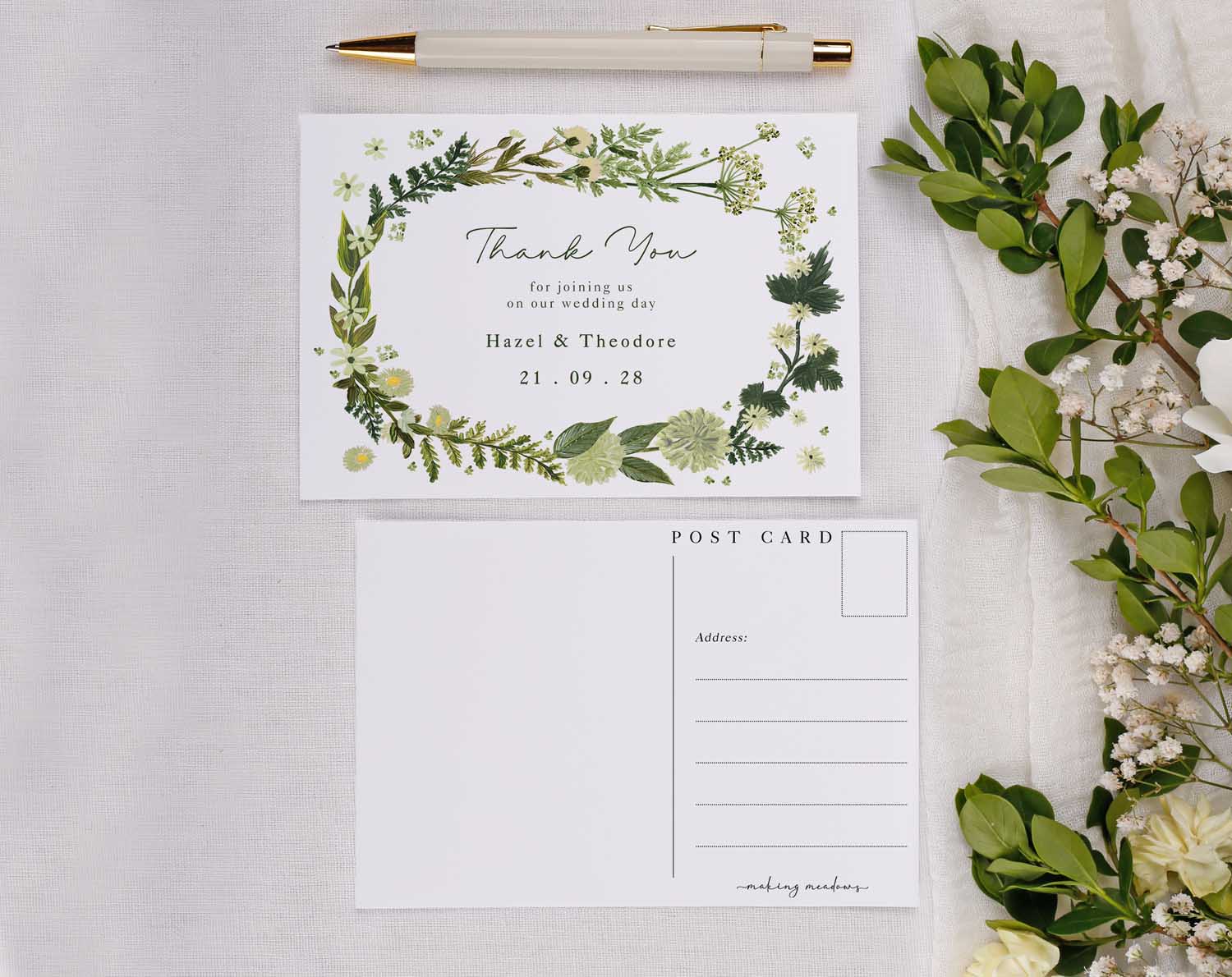 Botanical Wedding Thank You Postcards featuring floral design and personalized message for wedding guests.