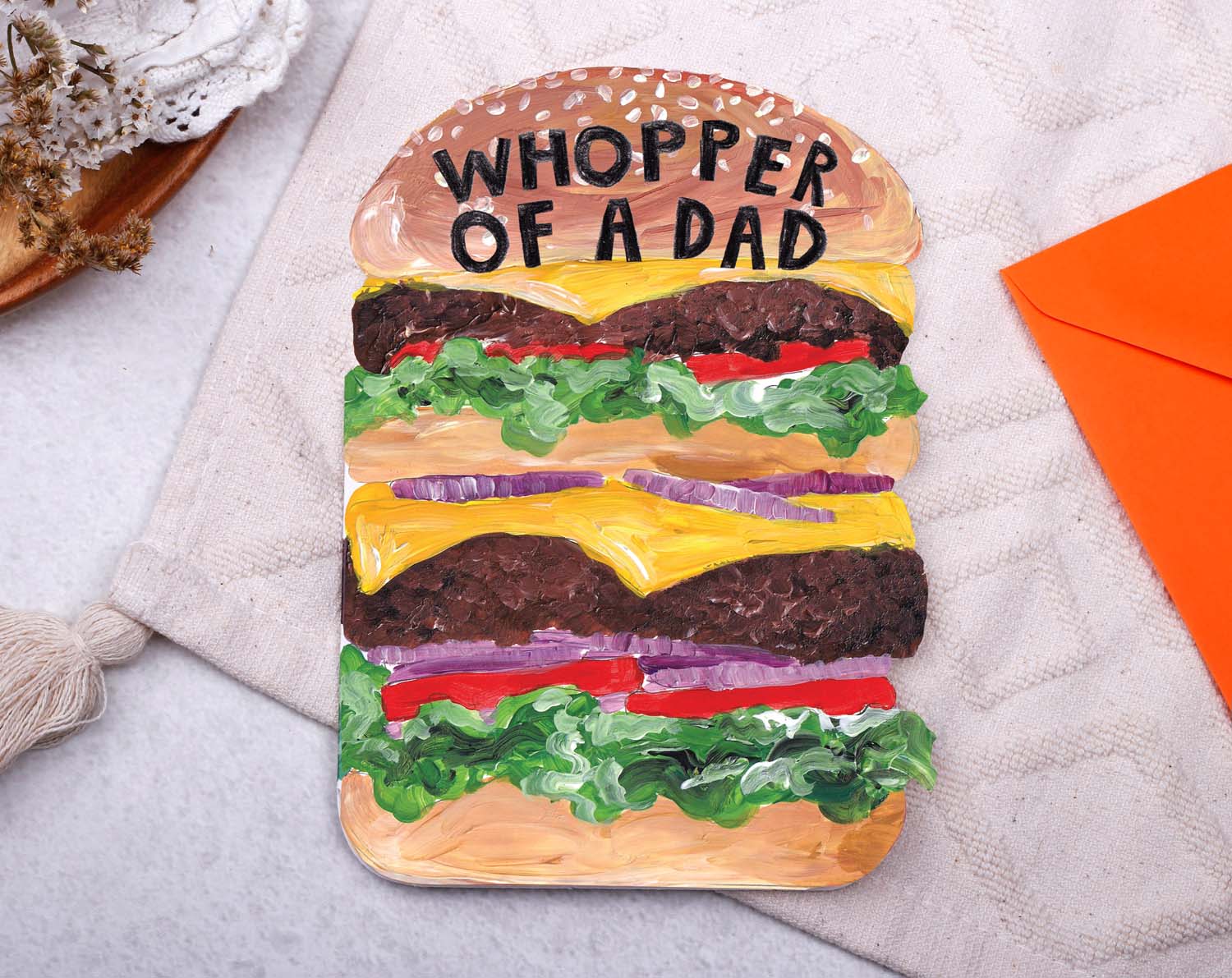 Funny Father's Day Burger Card featuring a colorful whopper burger design with 'Whopper of a Dad' text.