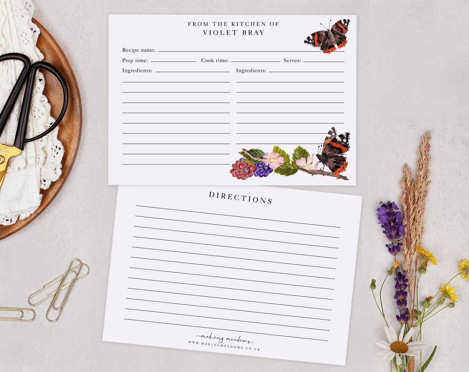 Butterfly Recipe Cards featuring beautiful floral designs and space for recipe details and directions.