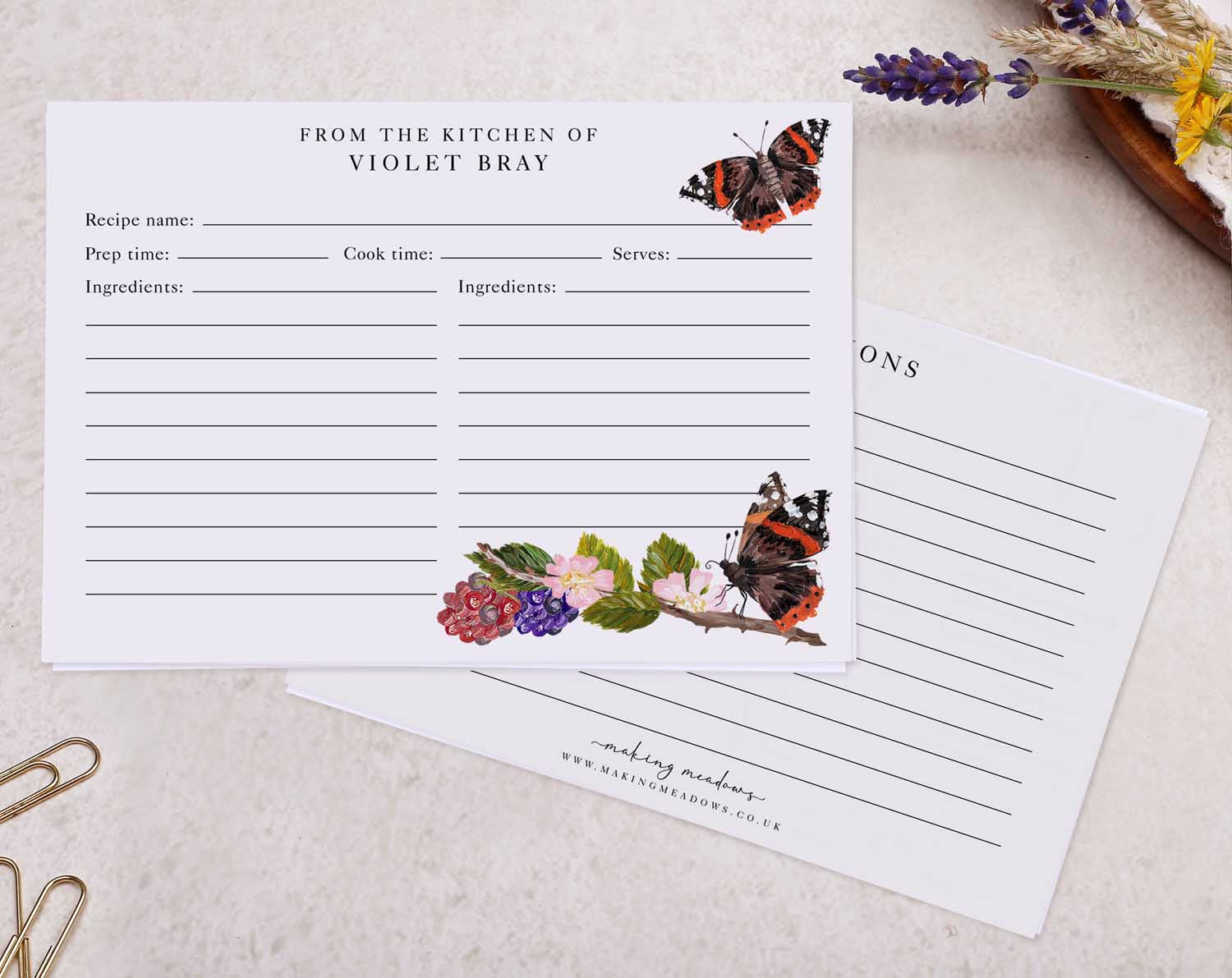 Butterfly Recipe Cards featuring floral and butterfly designs for organizing favorite recipes.
