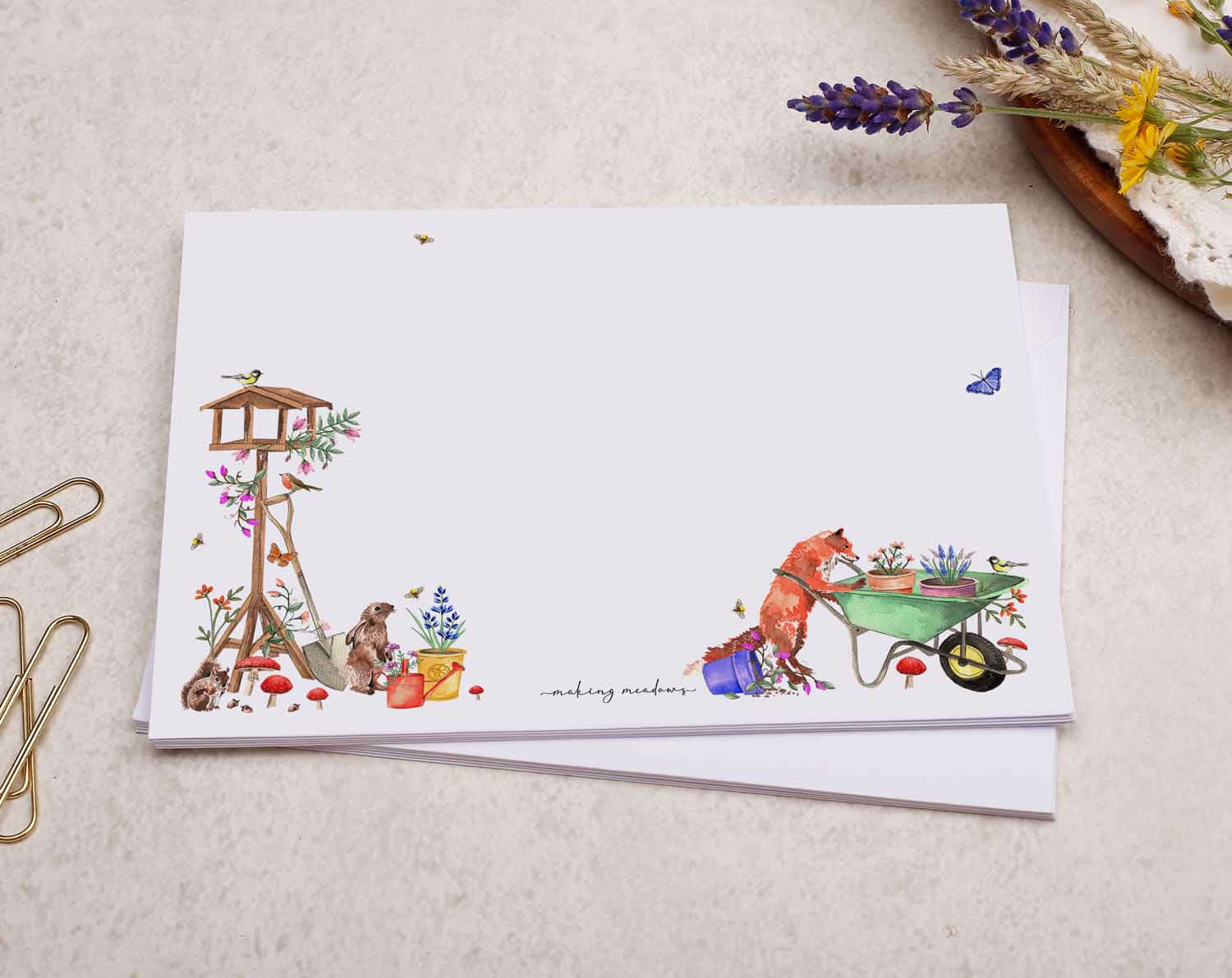 C6 Gardening Fox Decorated Envelope. Envelopes designed by Making Meadows