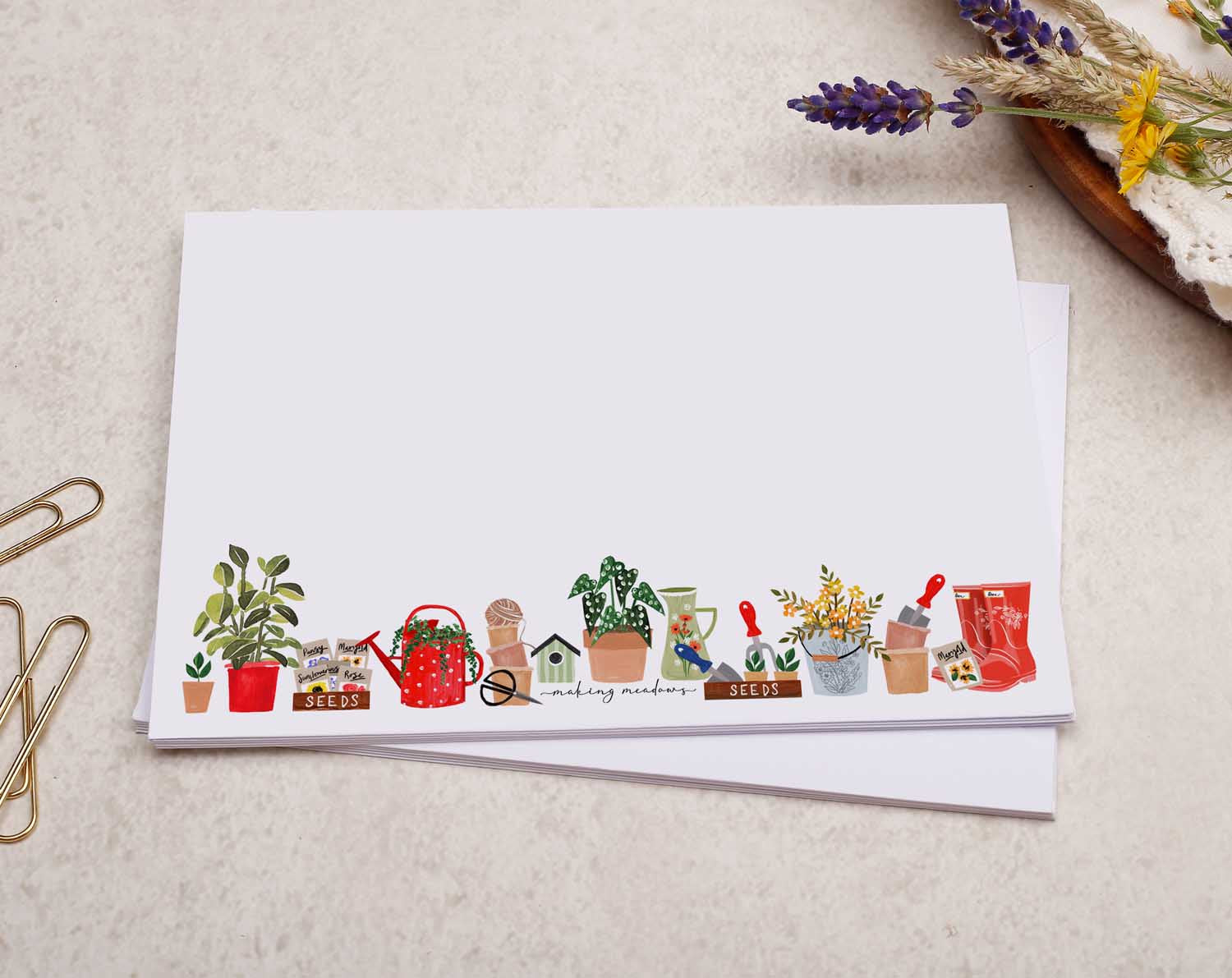 C6 Gardening Tools Decorated Envelope. Envelopes designed by Making Meadows